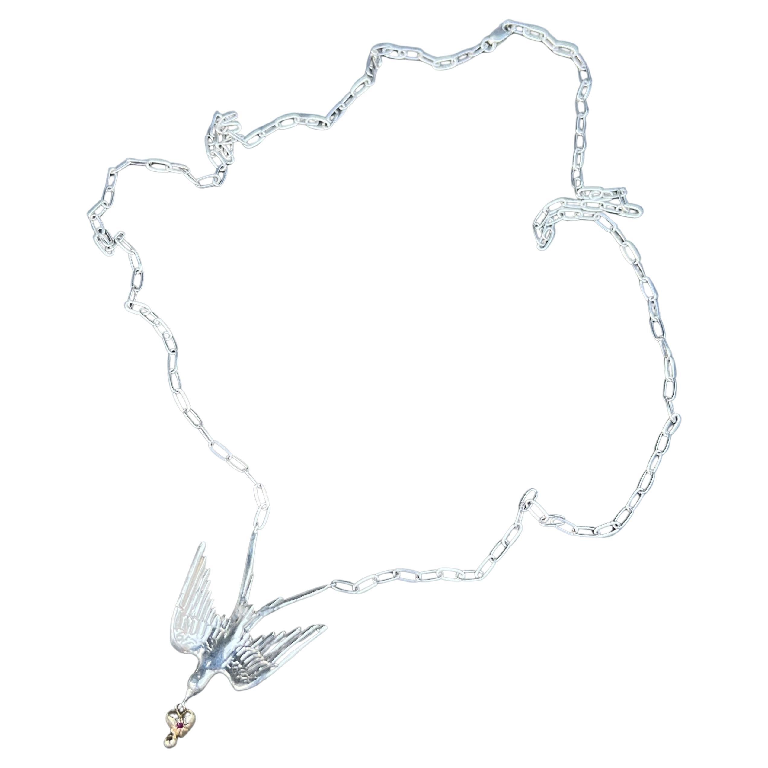 Romantique Collier à chaîne colombe Or Coeur Argent Rubis Style Victorien Bijoux animaux en vente