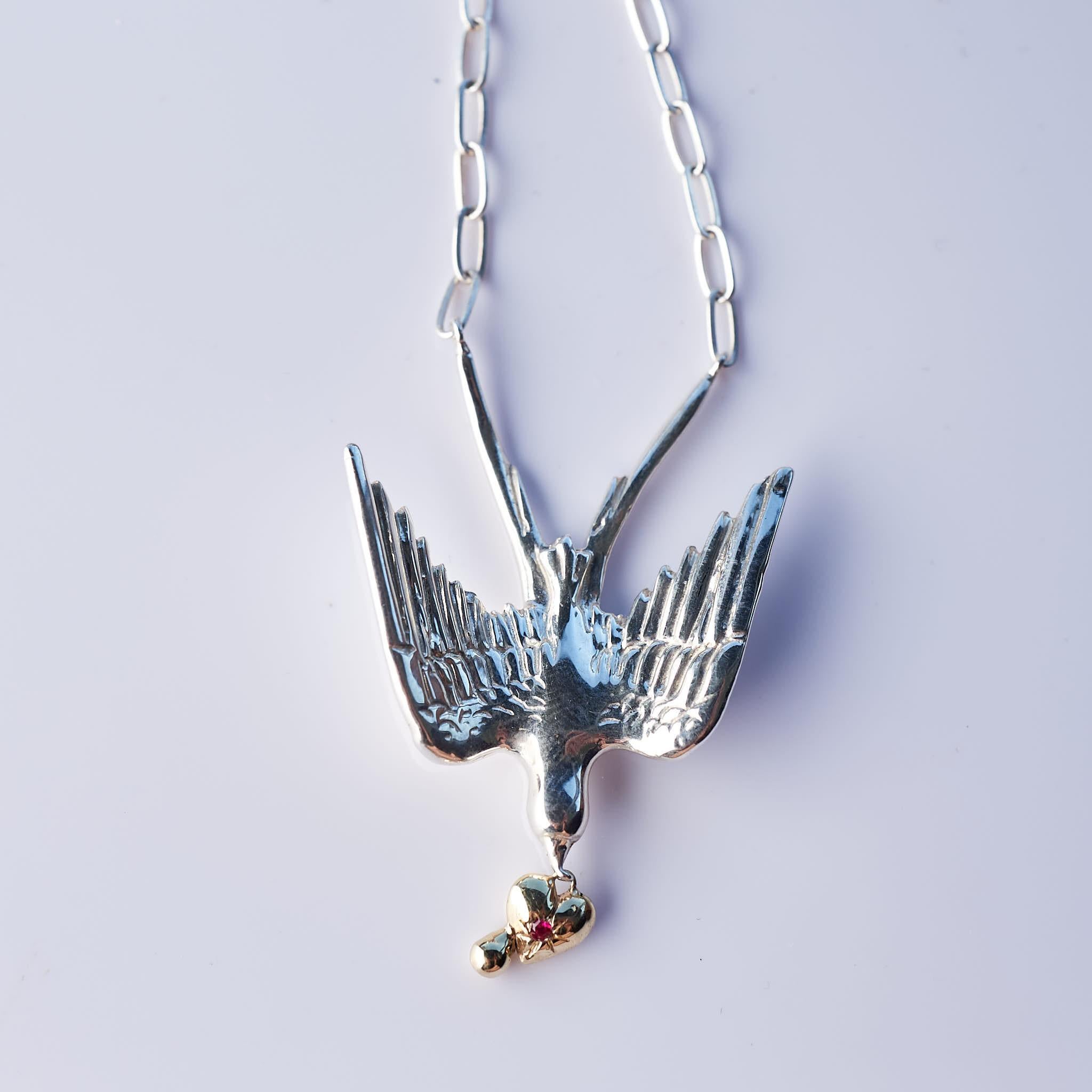 Dove Kette Halskette Gold Herz Silber Kette Rubin viktorianischer Stil J Dauphin im Zustand „Neu“ im Angebot in Los Angeles, CA