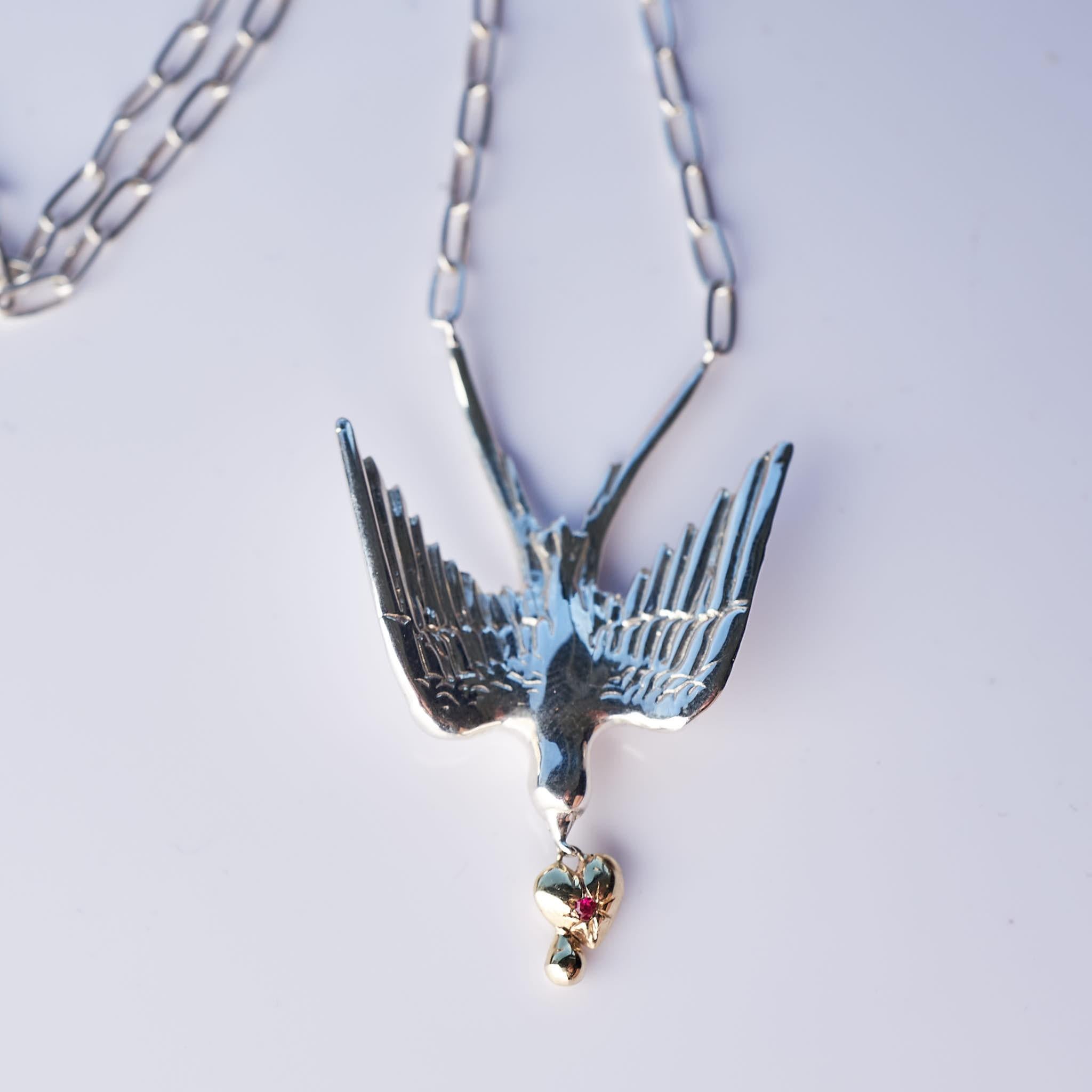 Dove Kette Halskette Gold Herz Silber Kette Rubin viktorianischer Stil J Dauphin Damen im Angebot
