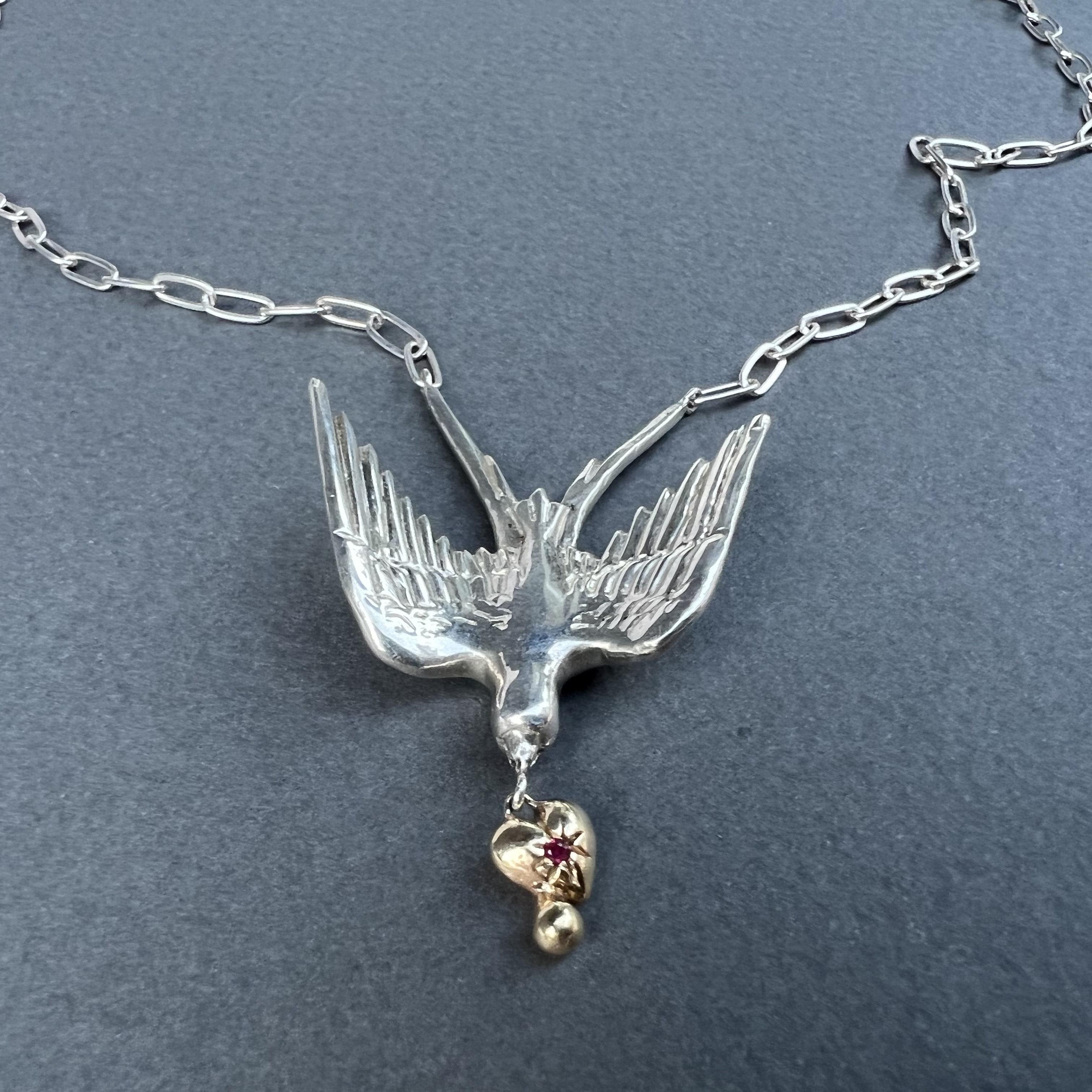 Romantic Dove Chain Necklace Gold Heart Silver Ruby Victorian Style Animal jewelry For Sale