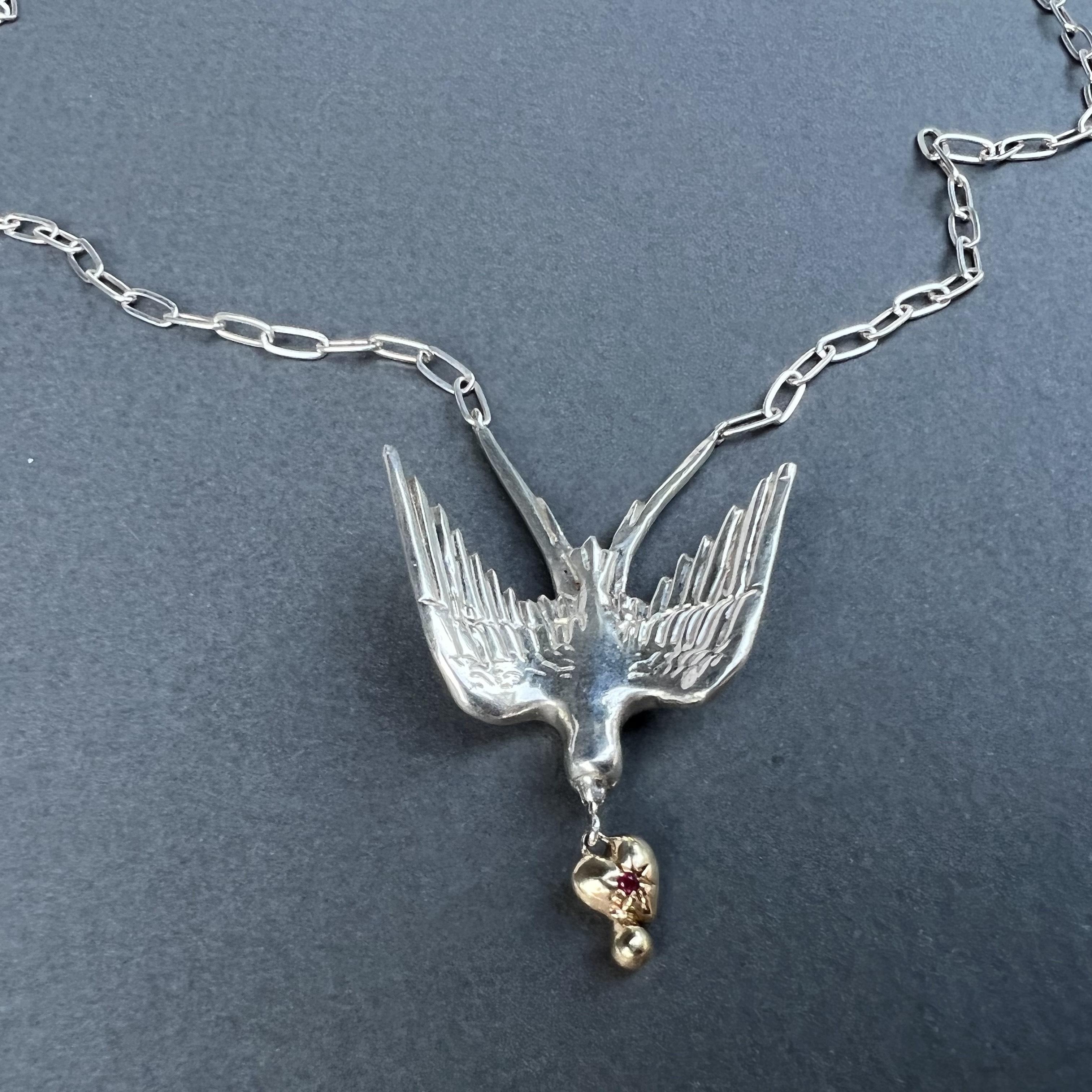 Brilliant Cut Dove Chain Necklace Gold Heart Silver Ruby Victorian Style Animal jewelry For Sale