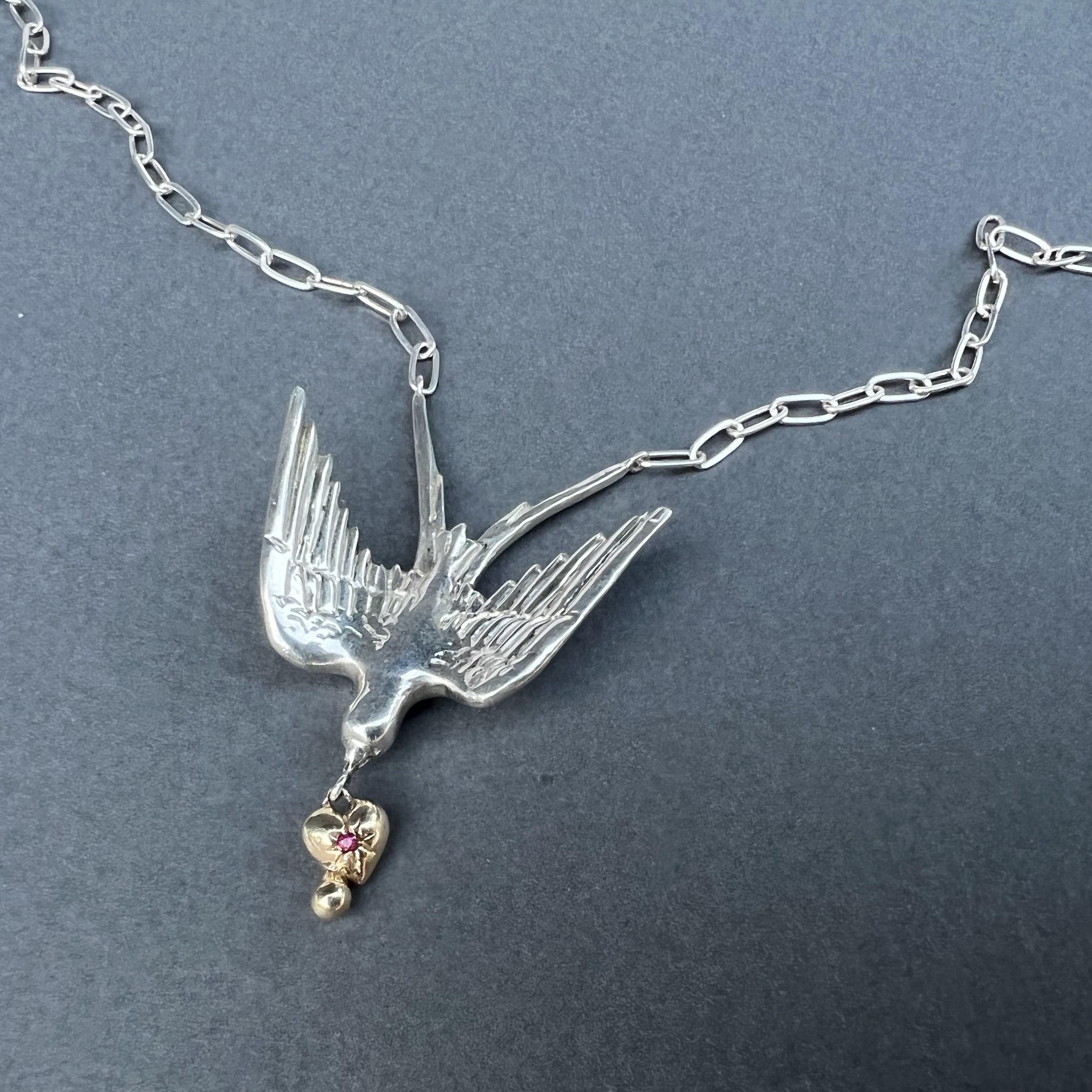 Brilliant Cut Dove Chain Necklace Gold Heart Silver Ruby Victorian Style Animal jewelry For Sale
