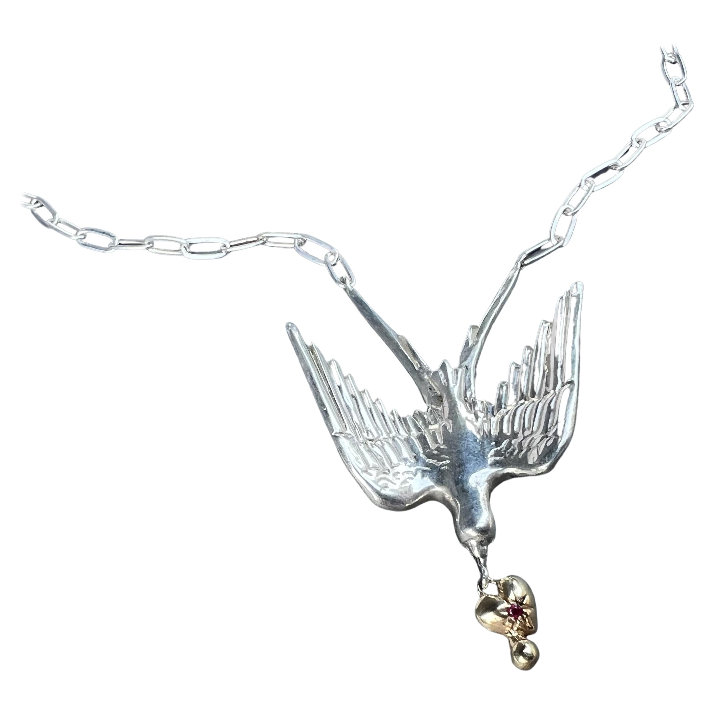 Collier à cha�îne colombe Or Coeur Argent Rubis Style Victorien Bijoux animaux