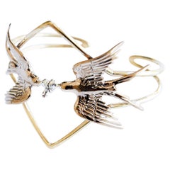 Dove Cuff Bracelet Bleeding Heart Ruby Gold Plated Brass Silver