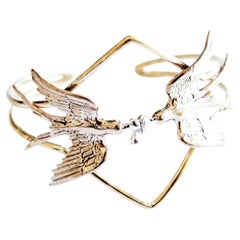 Dove Cuff Sculptured Bracelet Ruby Heart Gold Silver Swallow Bird Jewelry