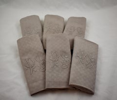 Dove Gray Linen Damask Hand-Embroidered French Provençal Dining Napkins, Set/Six