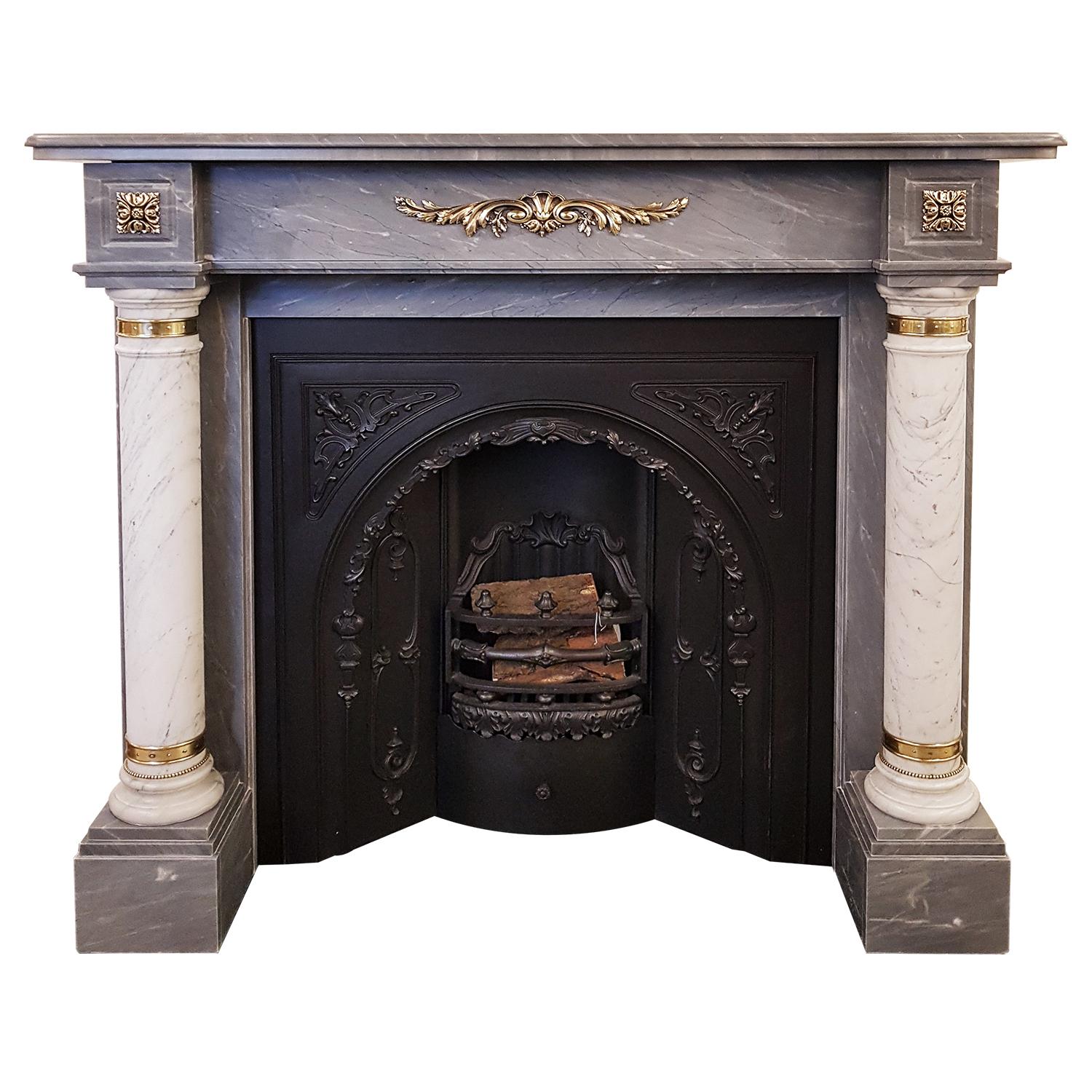 Dove Grey Fireplace Mantel with Carrara Columns and Brass Embellishments For Sale