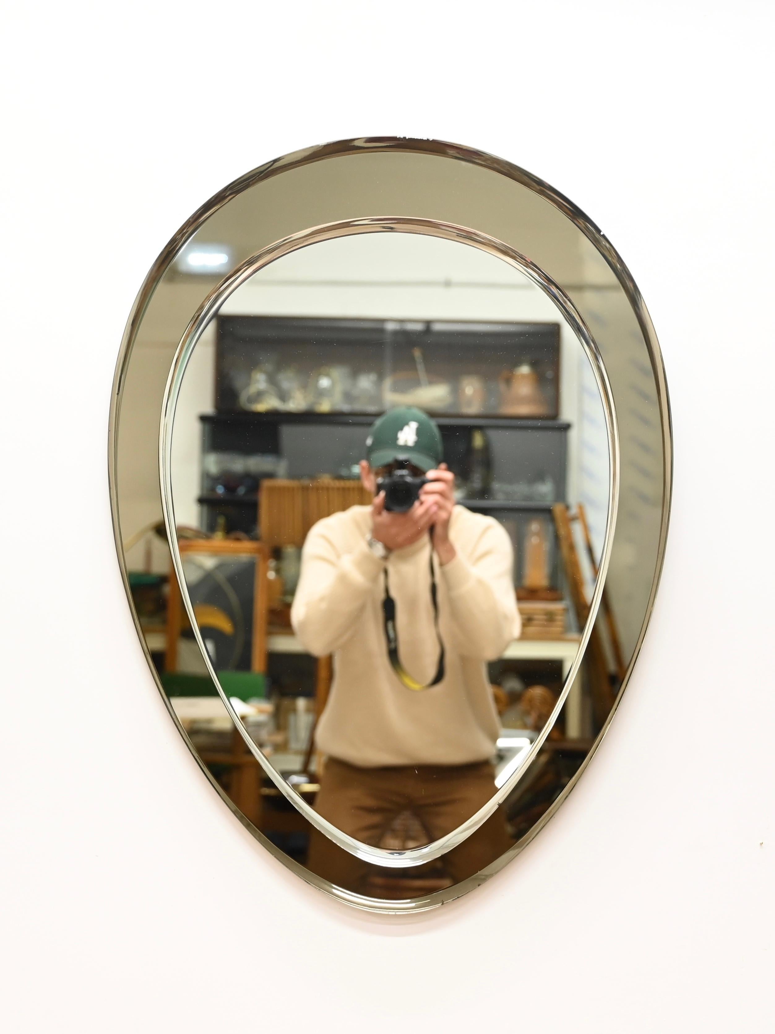Glass Dove Grey Italian Oval Double Beveled Mirror by Cristal Arte, Italy 1950s