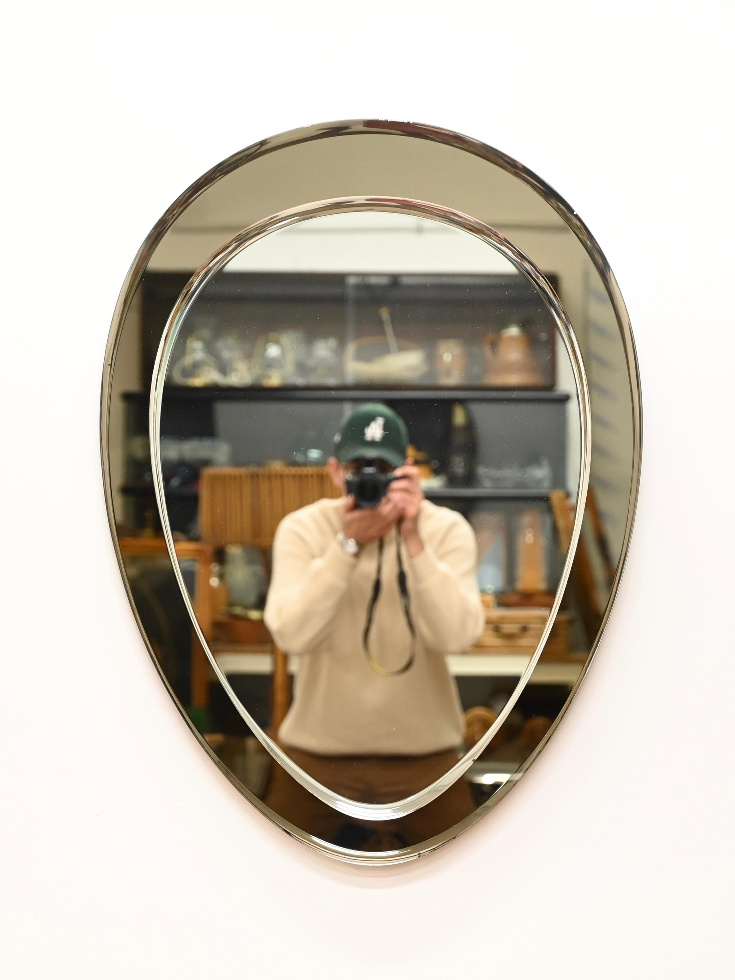 Dove Grey Italian Oval Double Beveled Mirror by Cristal Arte, Italy 1950s 2