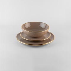 Dove Grey plates gold rim: Soup, holder, side plate for 4 Handmade in Italy 2024