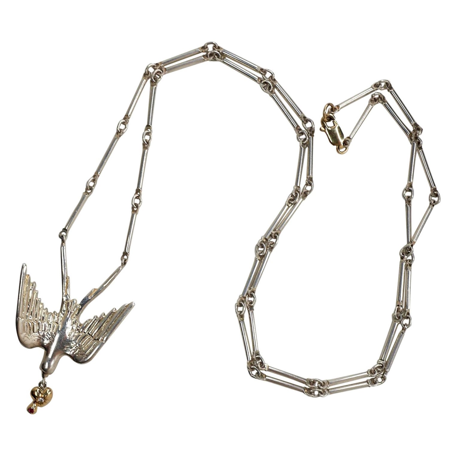 Halskette mit Taubenherz-Halskette, weißer Diamant, Rubin, Gold, Sterlingsilber J Dauphin im Angebot