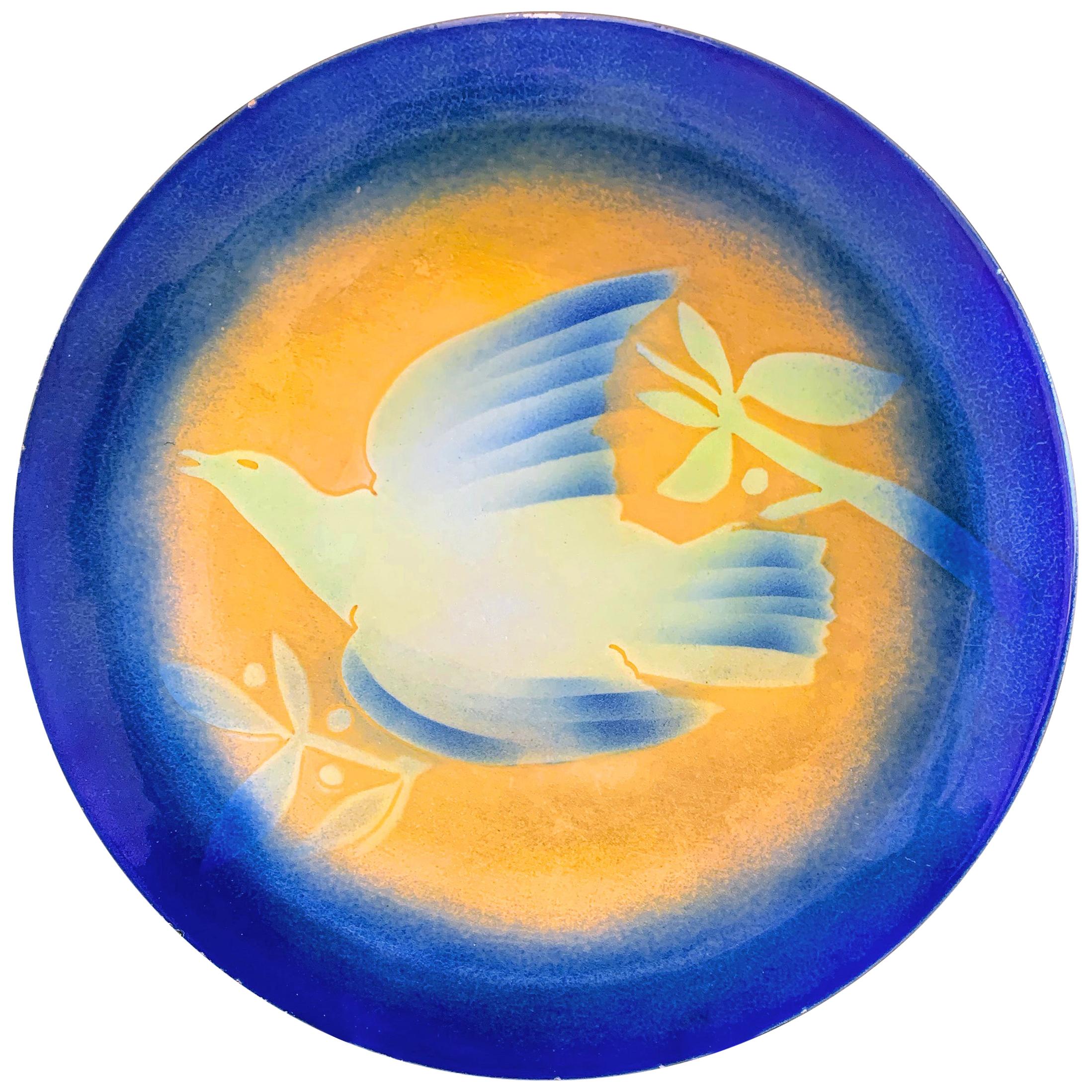 "Dove in Flight, " Art Deco Masterpiece in Cerulean and Lemon Enamel by Winter For Sale