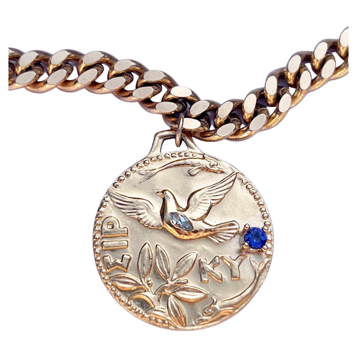 Romantic Dove Medal Chunky Chain Choker Necklace Aquamarine Tanzanite Medal J Dauphin For Sale