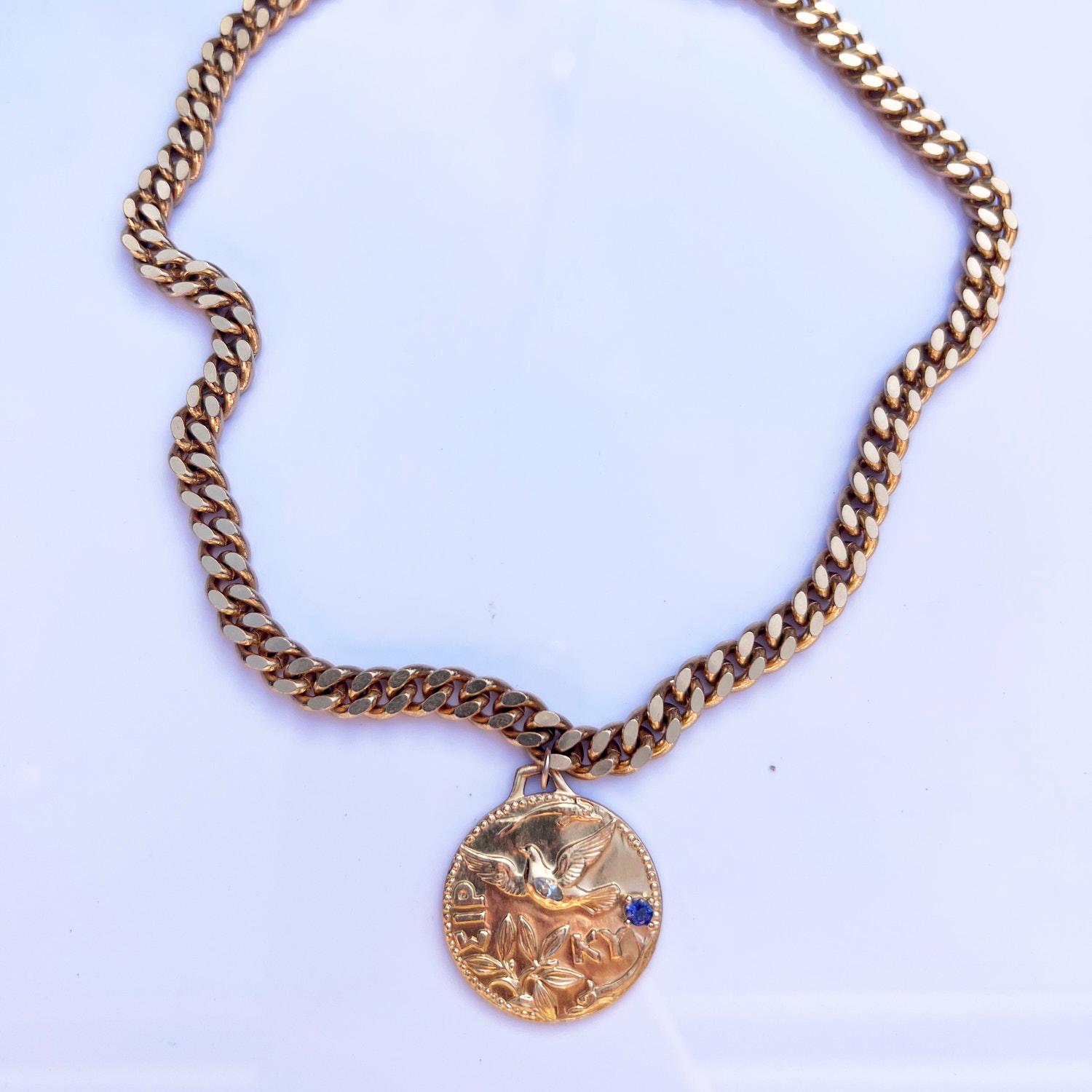Brilliant Cut Dove Medal Chunky Chain Choker Necklace Aquamarine Tanzanite Medal J Dauphin For Sale