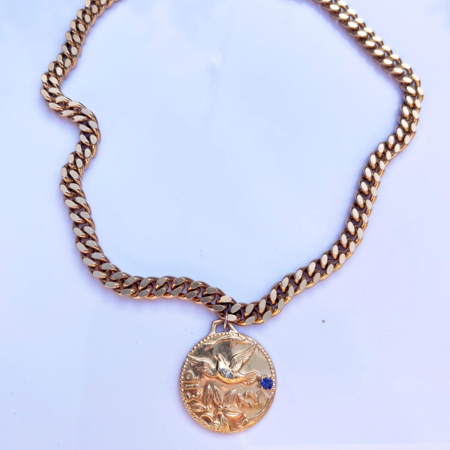Dove Medal Chunky Chain Choker Necklace Aquamarine Tanzanite Medal J Dauphin In New Condition For Sale In Los Angeles, CA