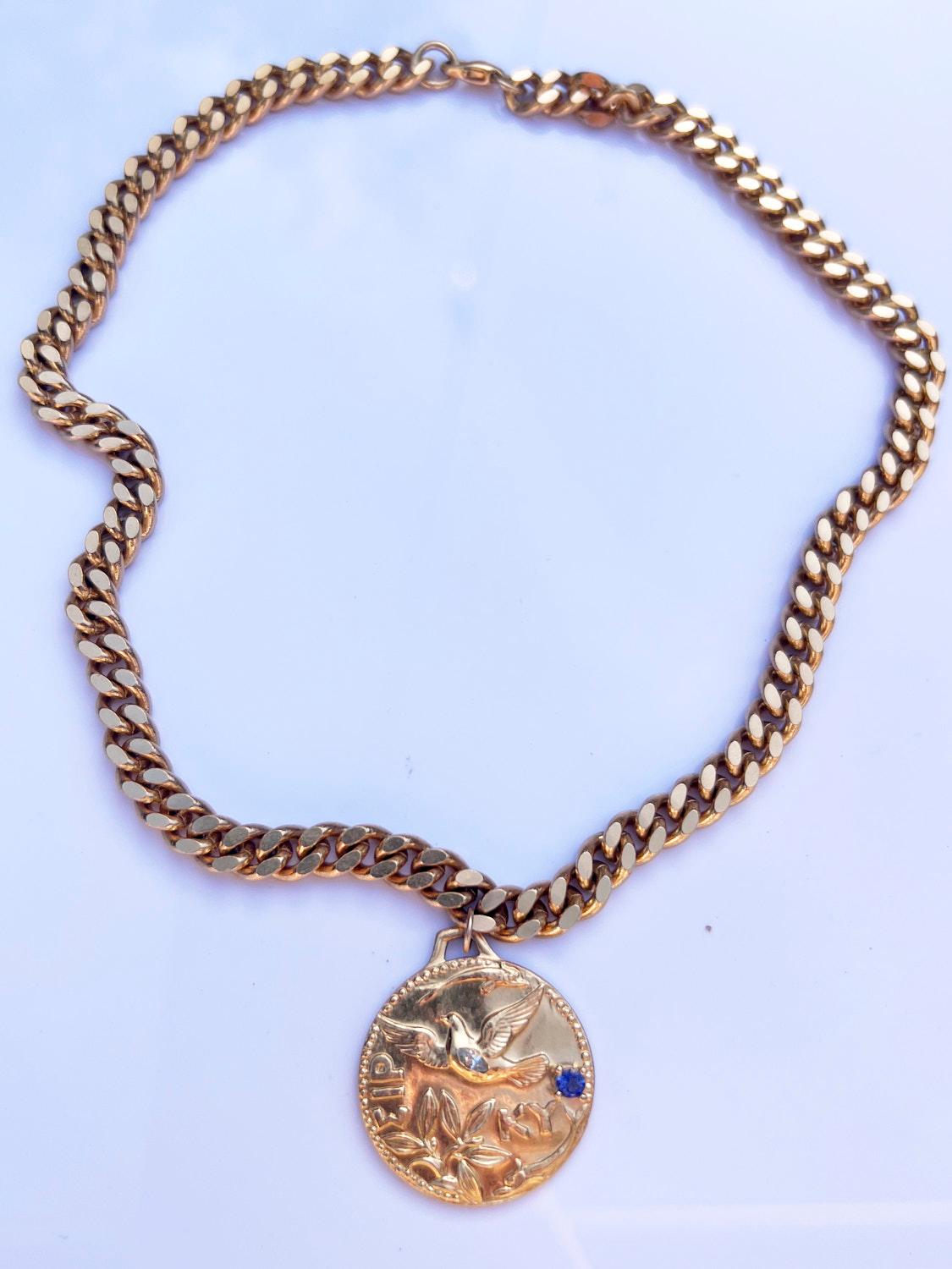 Collier ras du cou à chaîne épaisse avec médaille en aigue-marine et tanzanite J Dauphin en vente 2