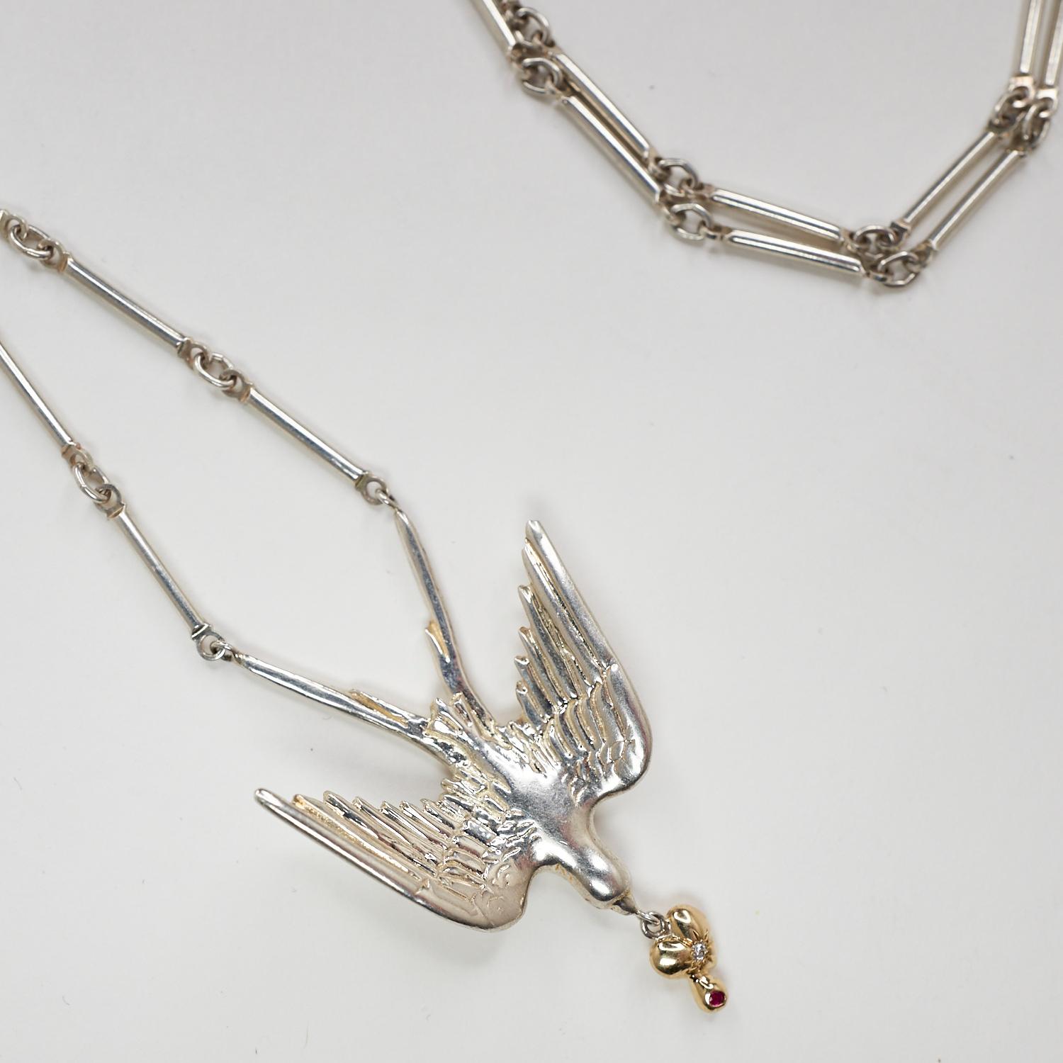 Victorian Dove Pendant Chain Necklace White Diamond Ruby Gold Heart Sterling Silver