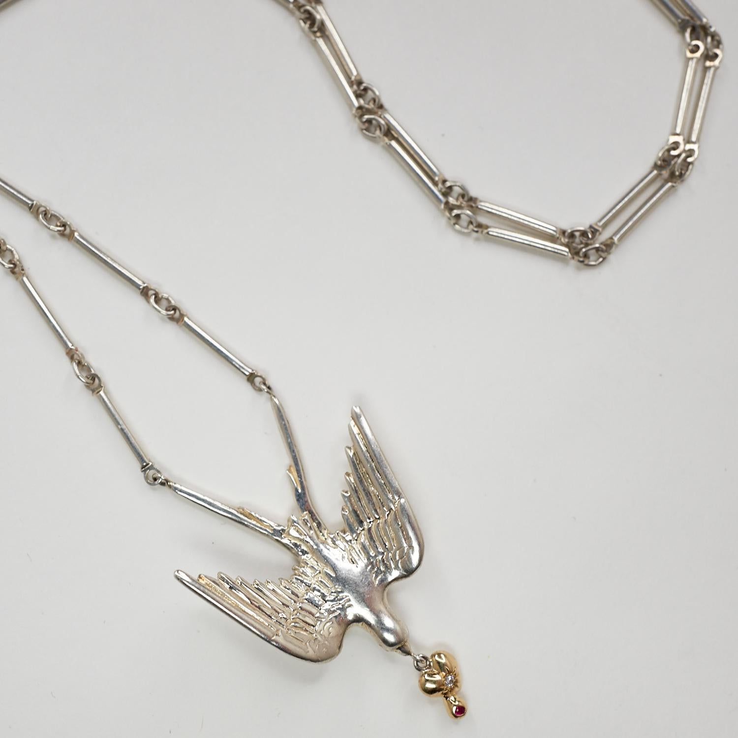 Dove Pendant Chain Necklace White Diamond Ruby Gold Heart Sterling Silver In New Condition In Los Angeles, CA