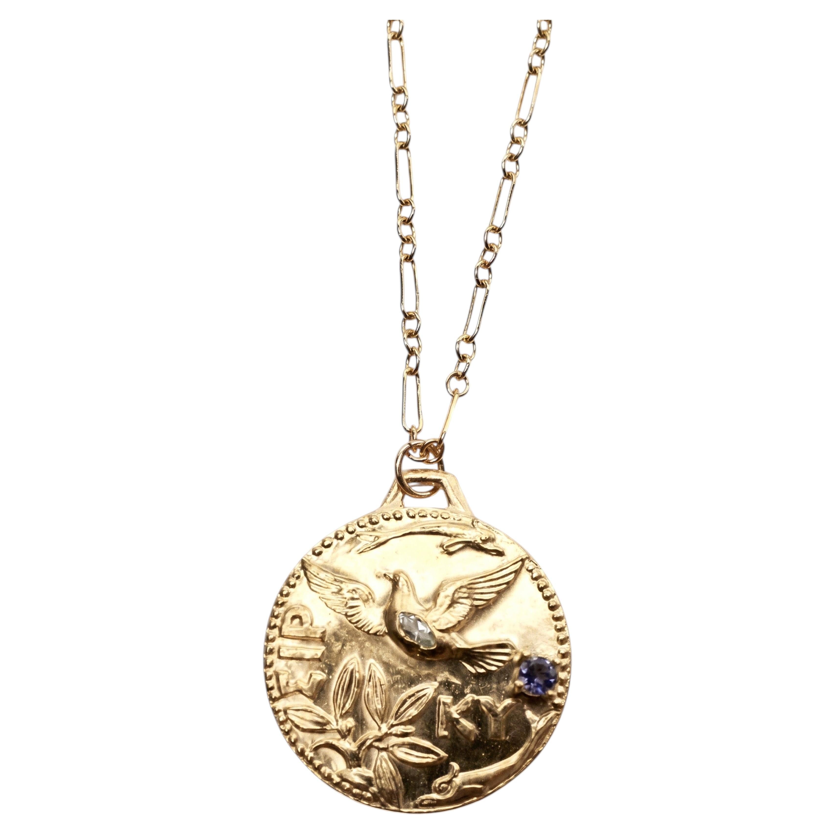Dove Necklace Gold Medal Aquamarine Tanzanite Bird Coin Pendant Long Chain