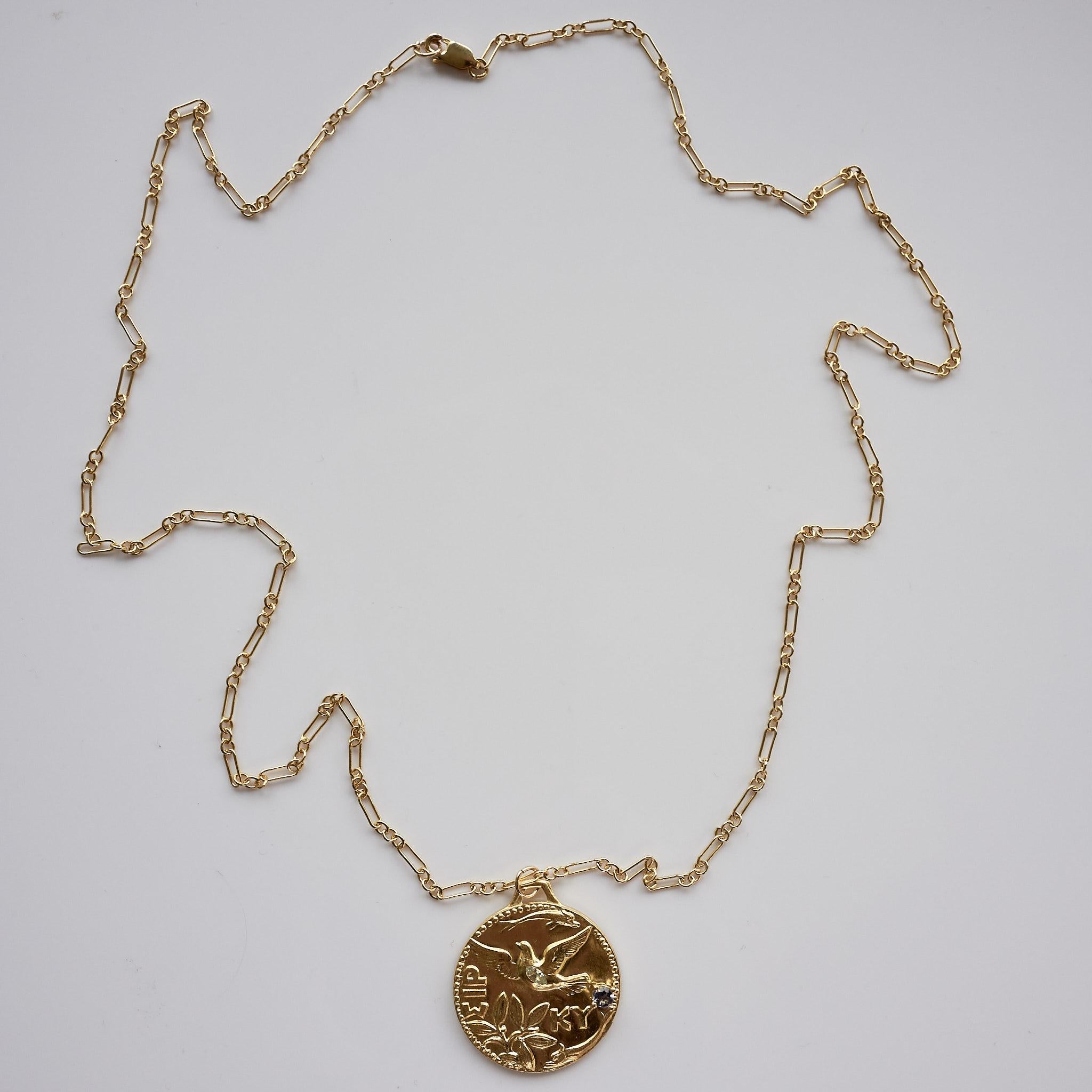 Dove Necklace Medal Aquamarine Tanzanite Bird In New Condition For Sale In Los Angeles, CA