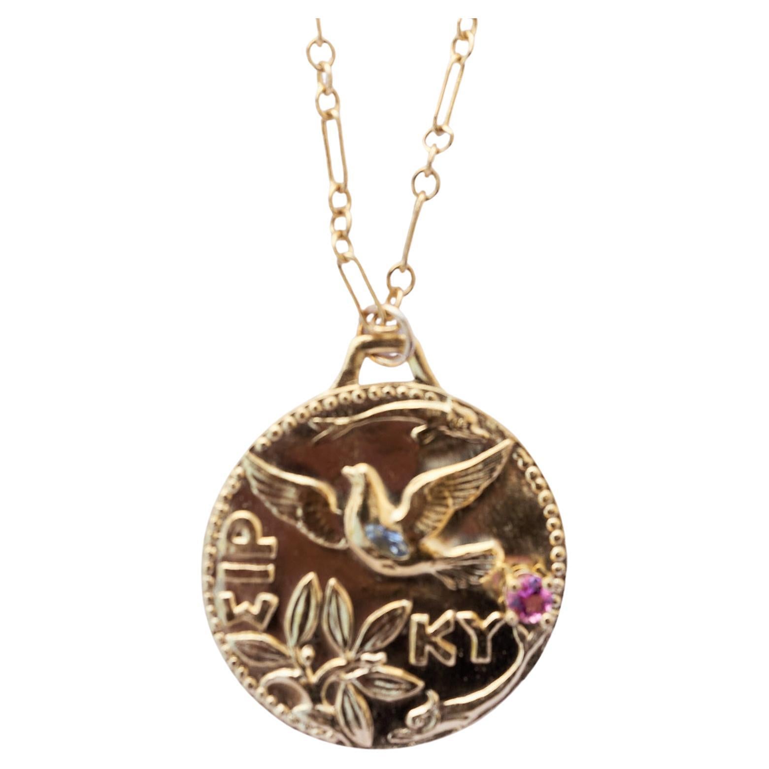 Romantic Dove Necklace Pink Tourmaline Aquamarine Medal J Dauphin For Sale