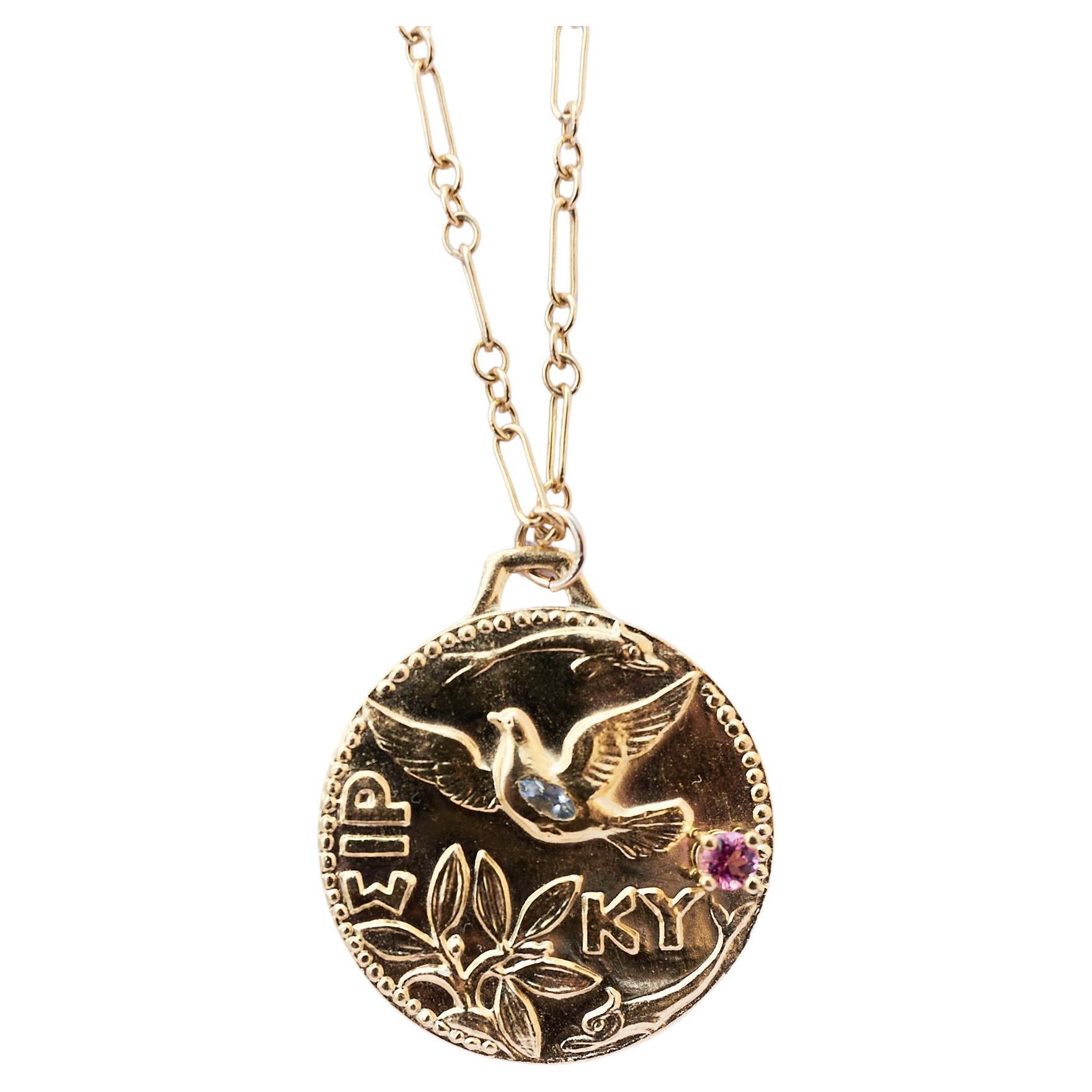 Women's Dove Necklace Pink Tourmaline Aquamarine Medal J Dauphin For Sale