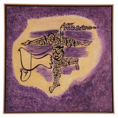 Dove Peace and Arabic Calligraphy Purple and Yellow Oil on Canvas Painting Frame