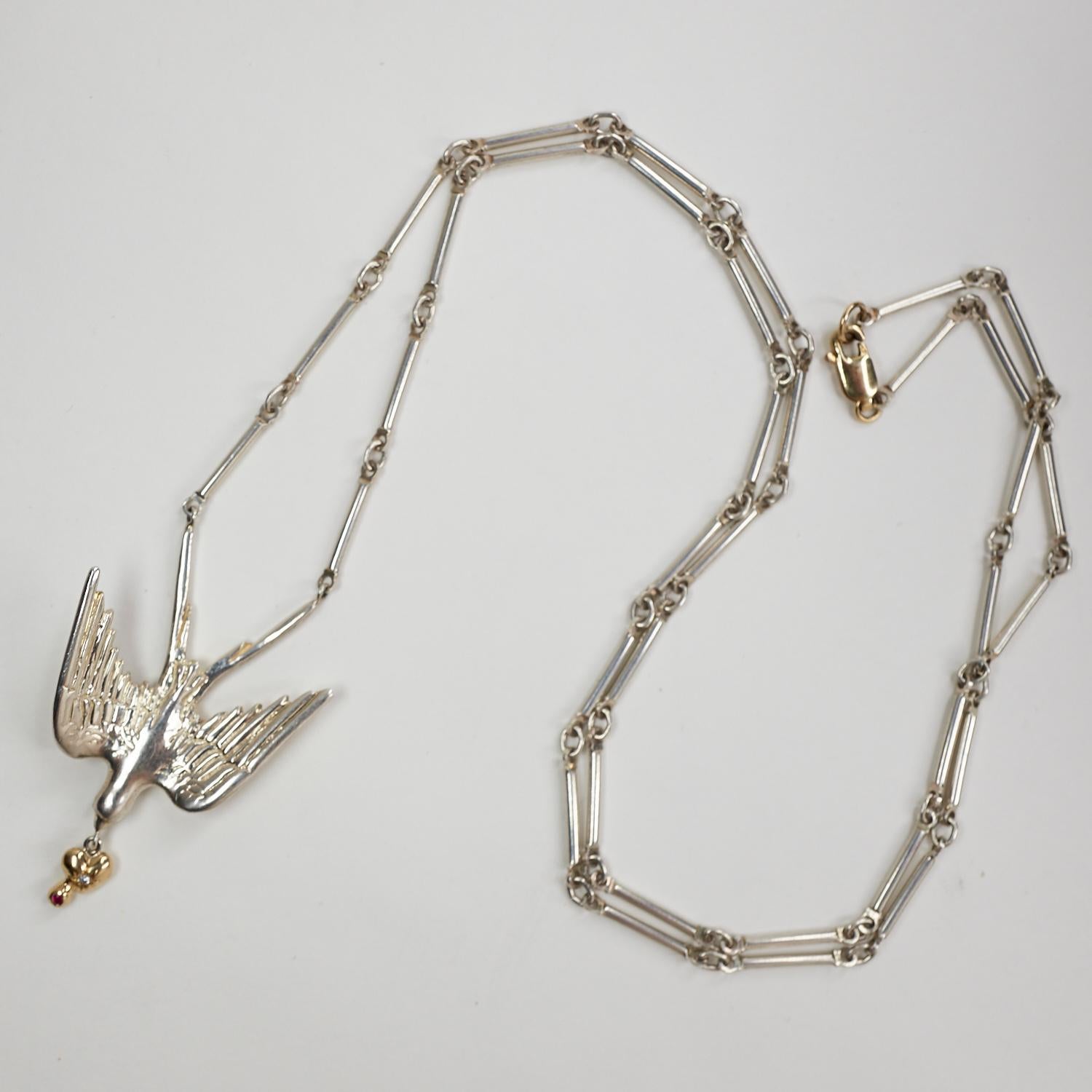 Brilliant Cut Dove Pendant Chain Necklace White Diamond Ruby Gold Heart Solid Sterling Silver For Sale