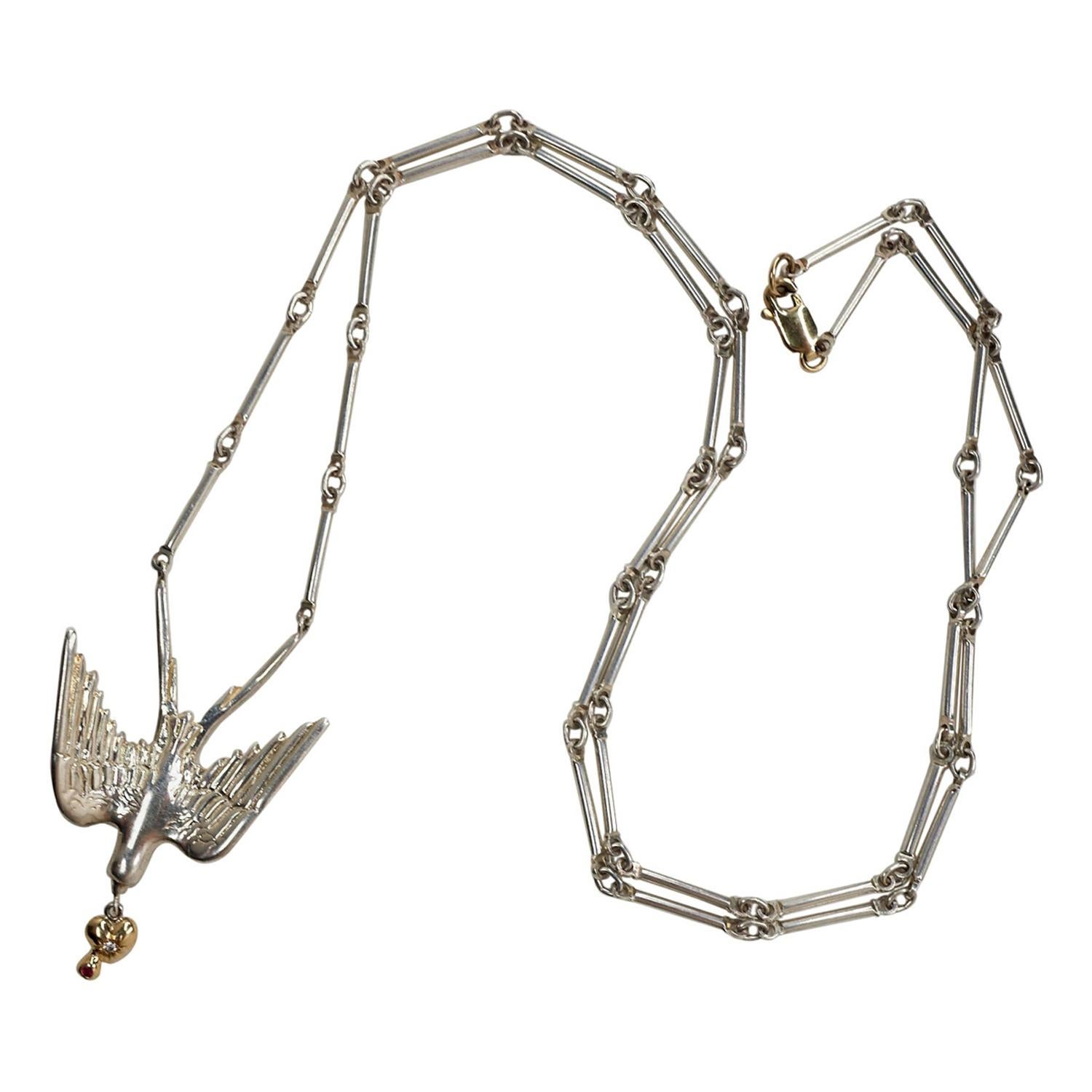 Chaîne collier pendentif col de colombe en argent sterling massif avec diamant blanc, rubis et or en forme de cœur