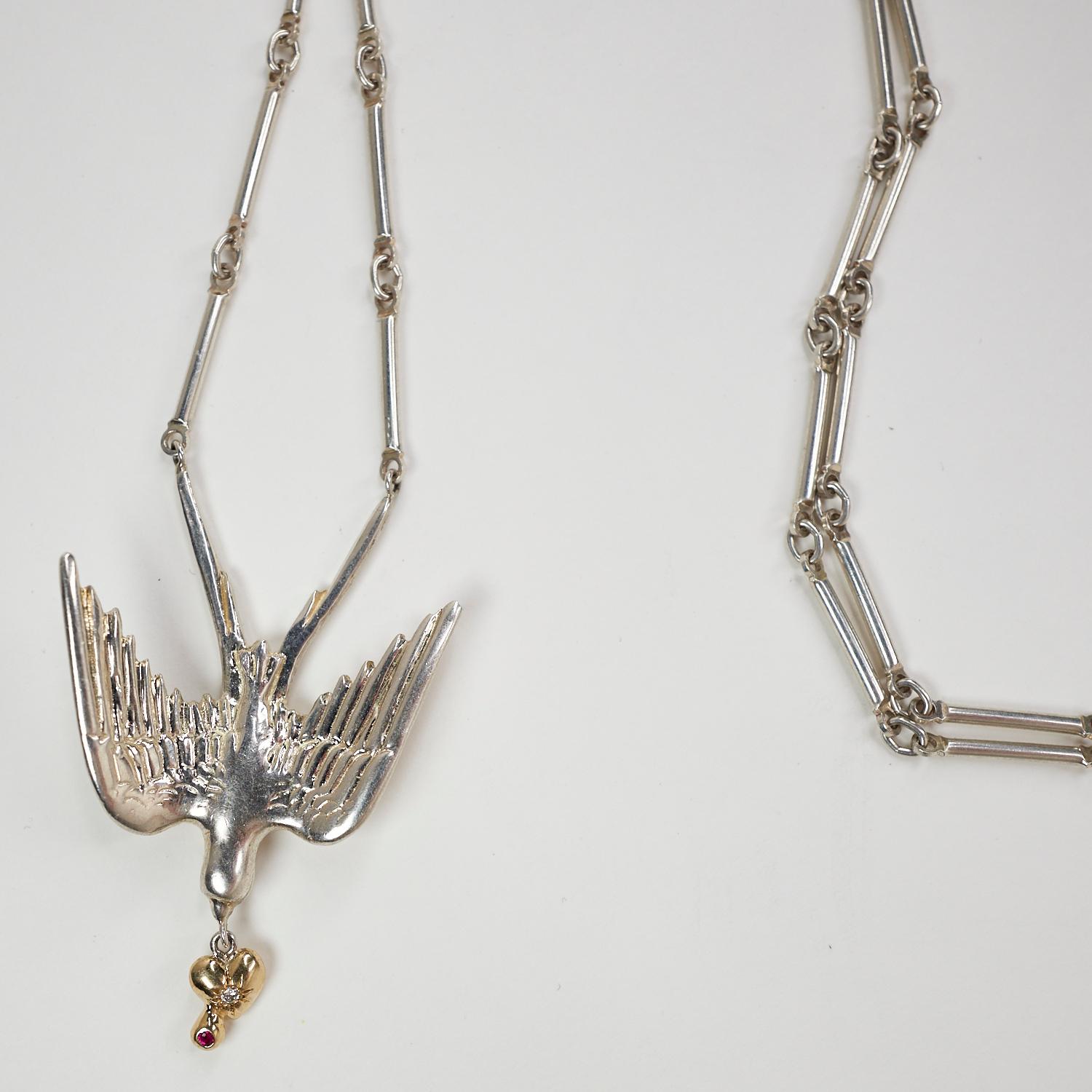 Brilliant Cut Dove Pendant Chain Necklace White Diamond Ruby Gold Heart Sterling Silver For Sale