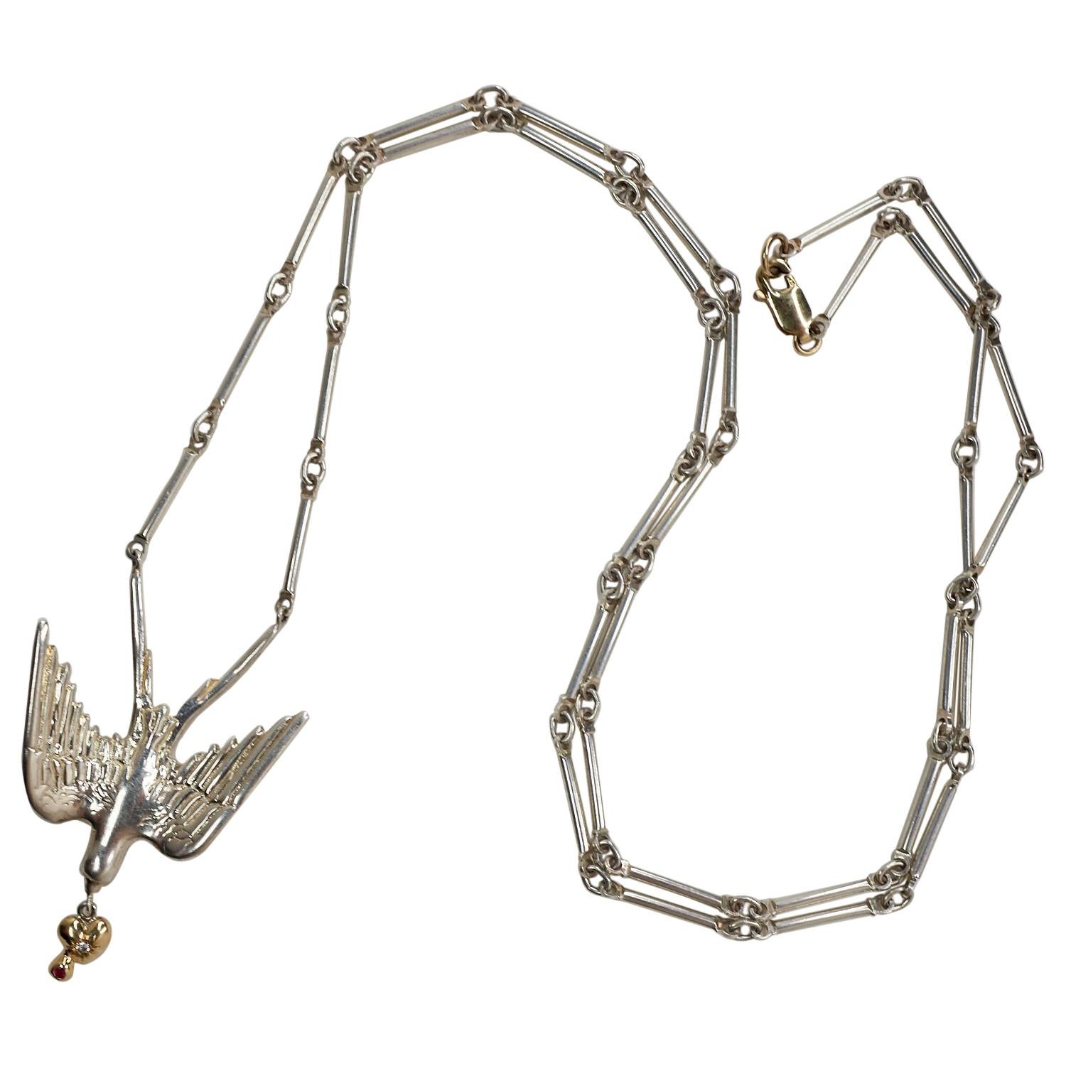 Chaîne collier pendentif col de colombe en or, diamant blanc, rubis et argent sterling