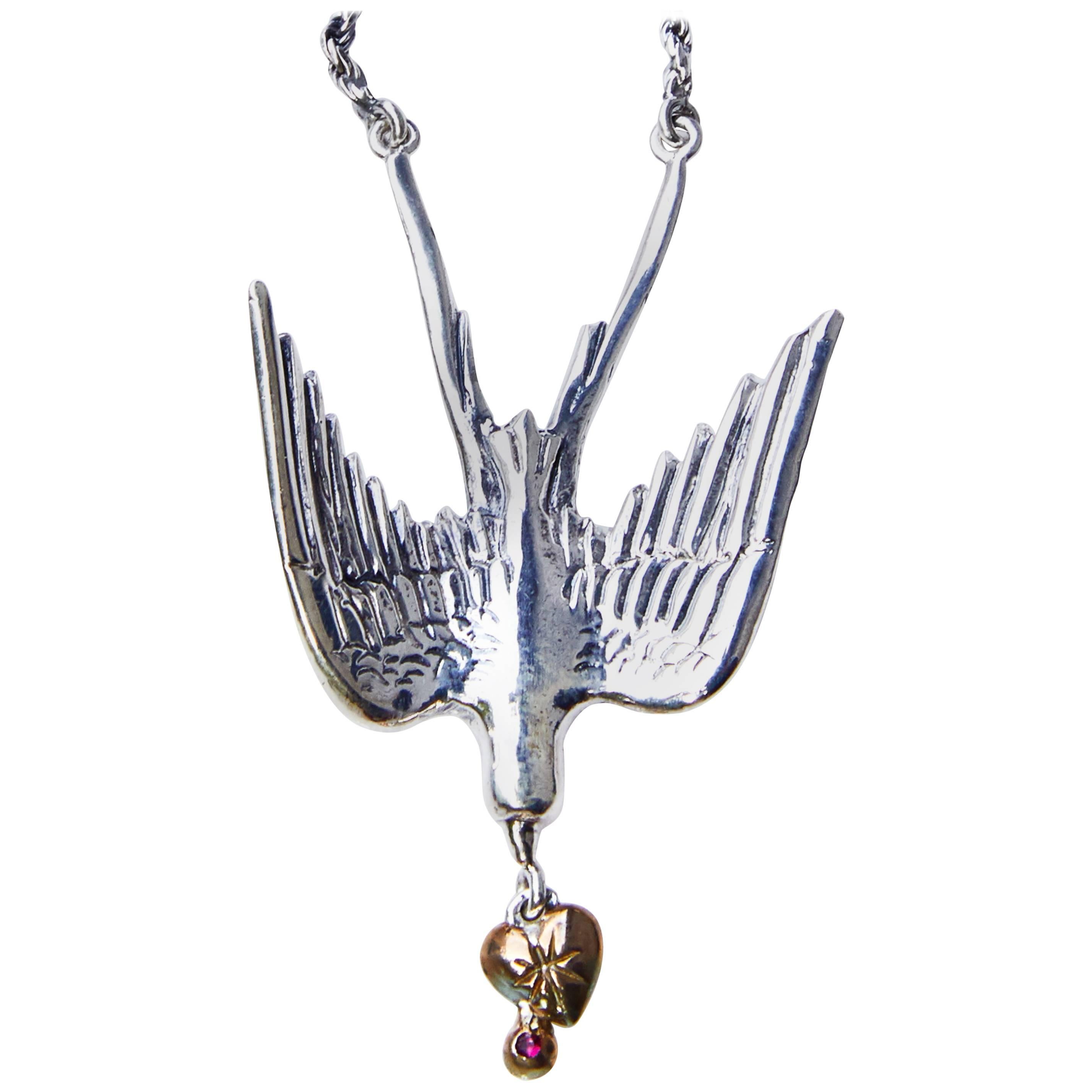 Dove Pendant Chain Necklace White Diamond Ruby J Dauphin In New Condition For Sale In Los Angeles, CA