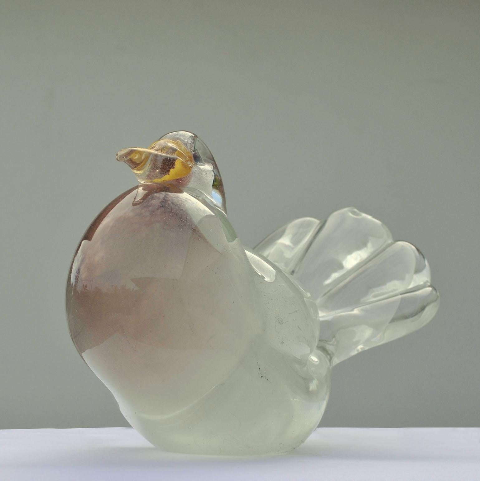 Milk white, clear and purple dove sculpture with gold beak and spread out wings and gold leaf beak is shaped in glass while hot. Attributed to Archimede Seguso, Italy, 1950s.