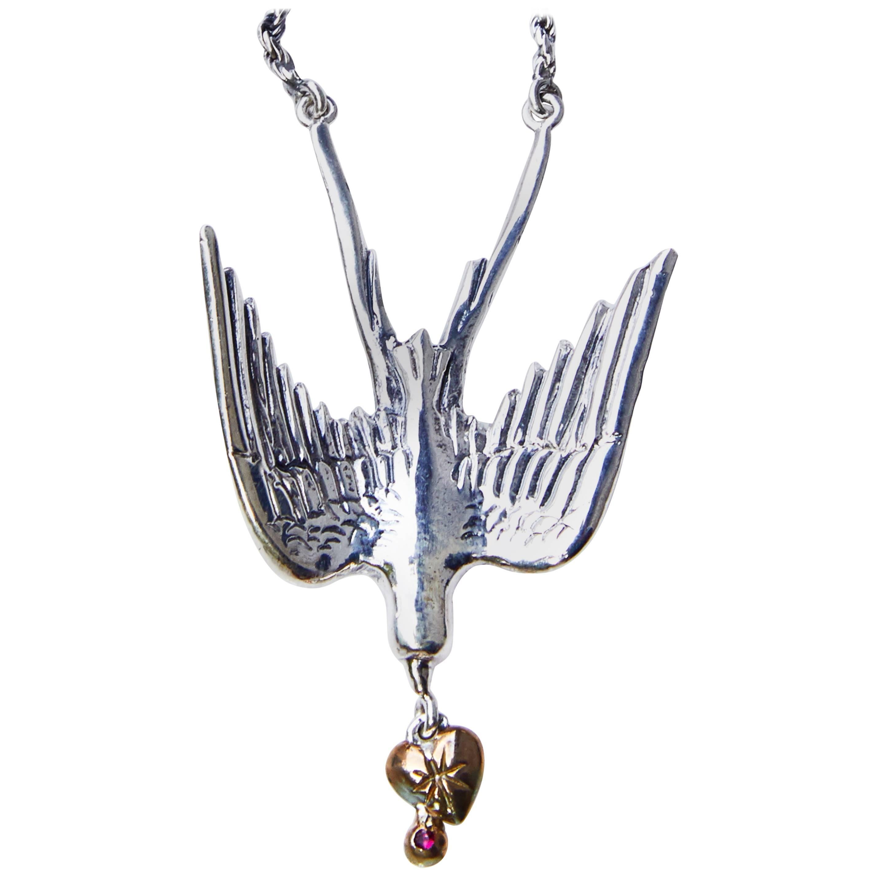 Paloma Collar de Plata Oro Corazón Rubí Blanco Diamante Estilo Victoriano J DAUPHIN en venta