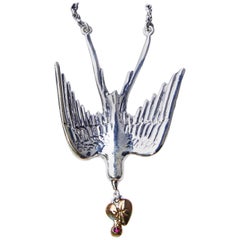 Collier col de colombe en argent avec cœur en or, rubis et diamants blancs de style victorien J DAUPHIN
