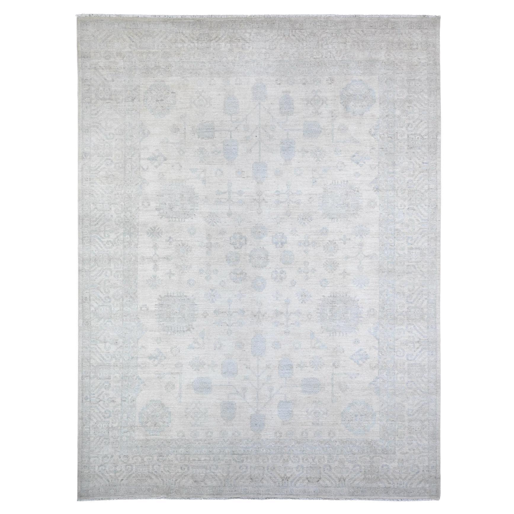 Dove White Pure Wool White Wash Peshawar Hand Knotted Oriental Rug 8'9" x 11'7"