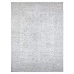 Dove White Pure Wool White Wash Peshawar Hand Knotted Oriental Rug 8'9" x 11'7"