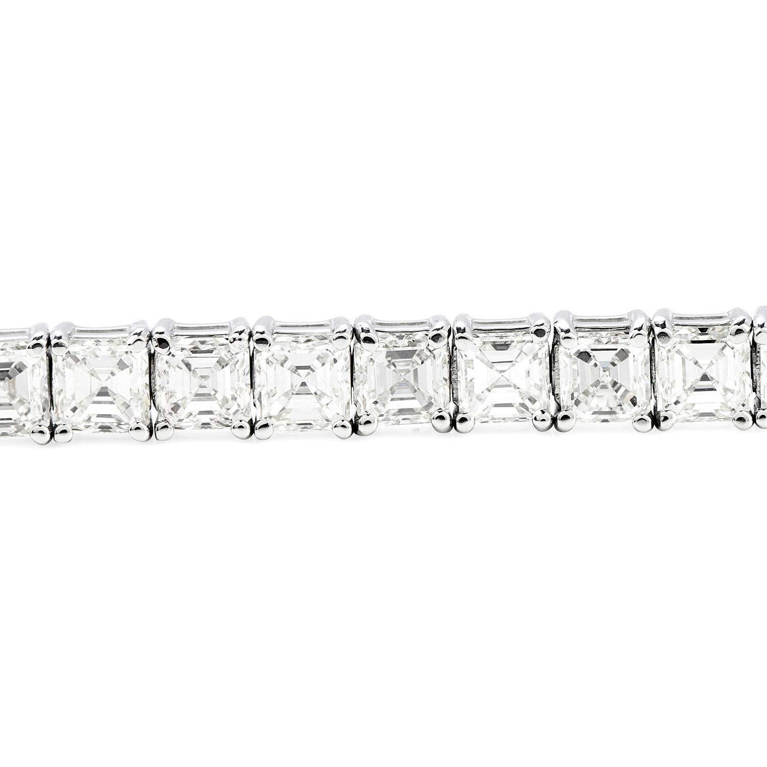 Wear this vibrant bracelet alone or stack it with others.

46 icy white Asscher cut diamonds run from end to end in this flexible line

bracelet.  Cumulative diamond weight is approx. 15.50 carats.

Graded to be approx. H-I  color, VVS1-VVS2