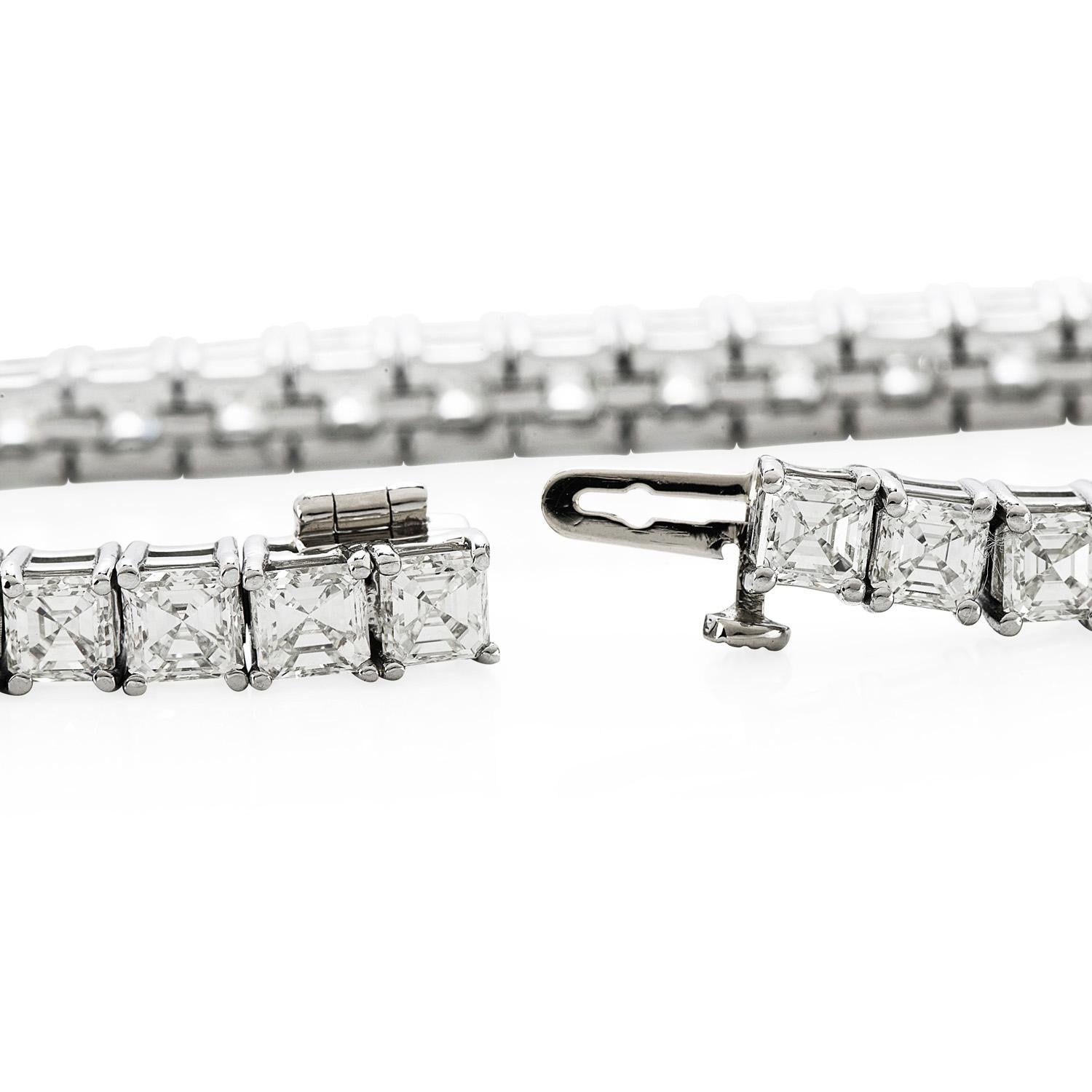Dover 15.50cts Asscher Cut Diamond Platinum Tennis Line Bracelet In Excellent Condition In Miami, FL