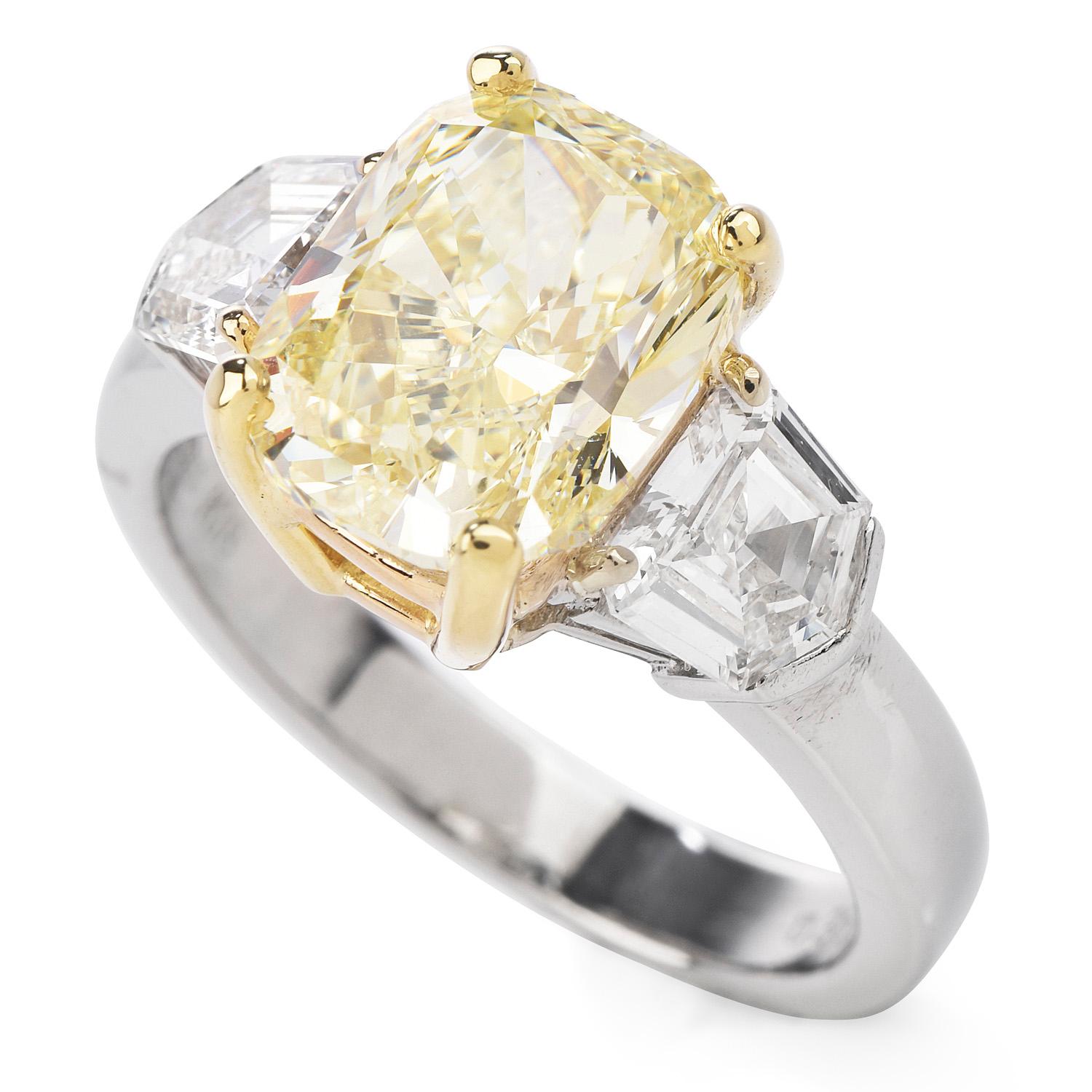 Cushion Cut Dover 4.66ct GIA Certified Fancy Light Yellow Three Stone Engagement Ring