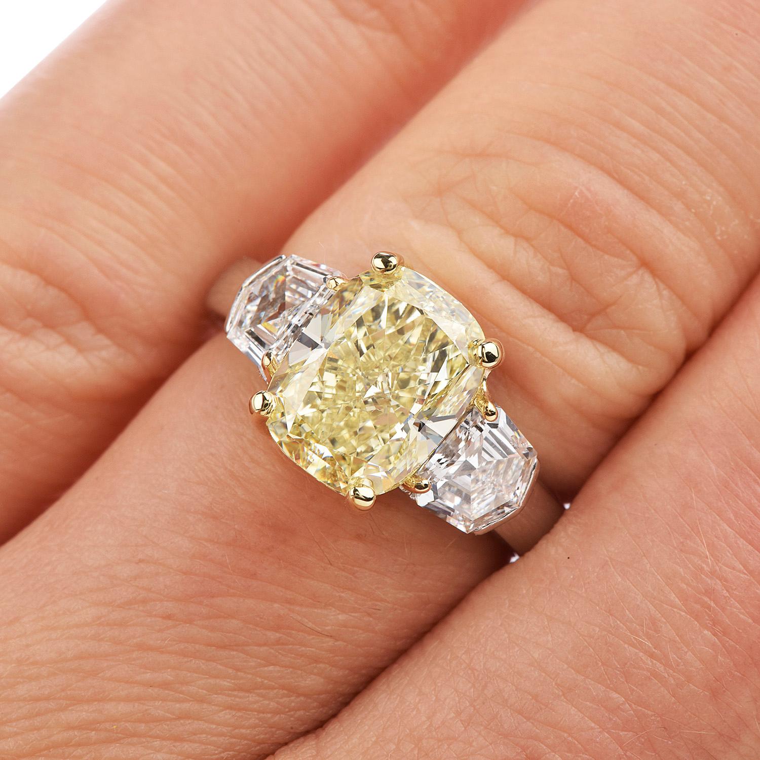 Dover 4.66ct GIA Certified Fancy Light Yellow Three Stone Engagement Ring In Excellent Condition In Miami, FL