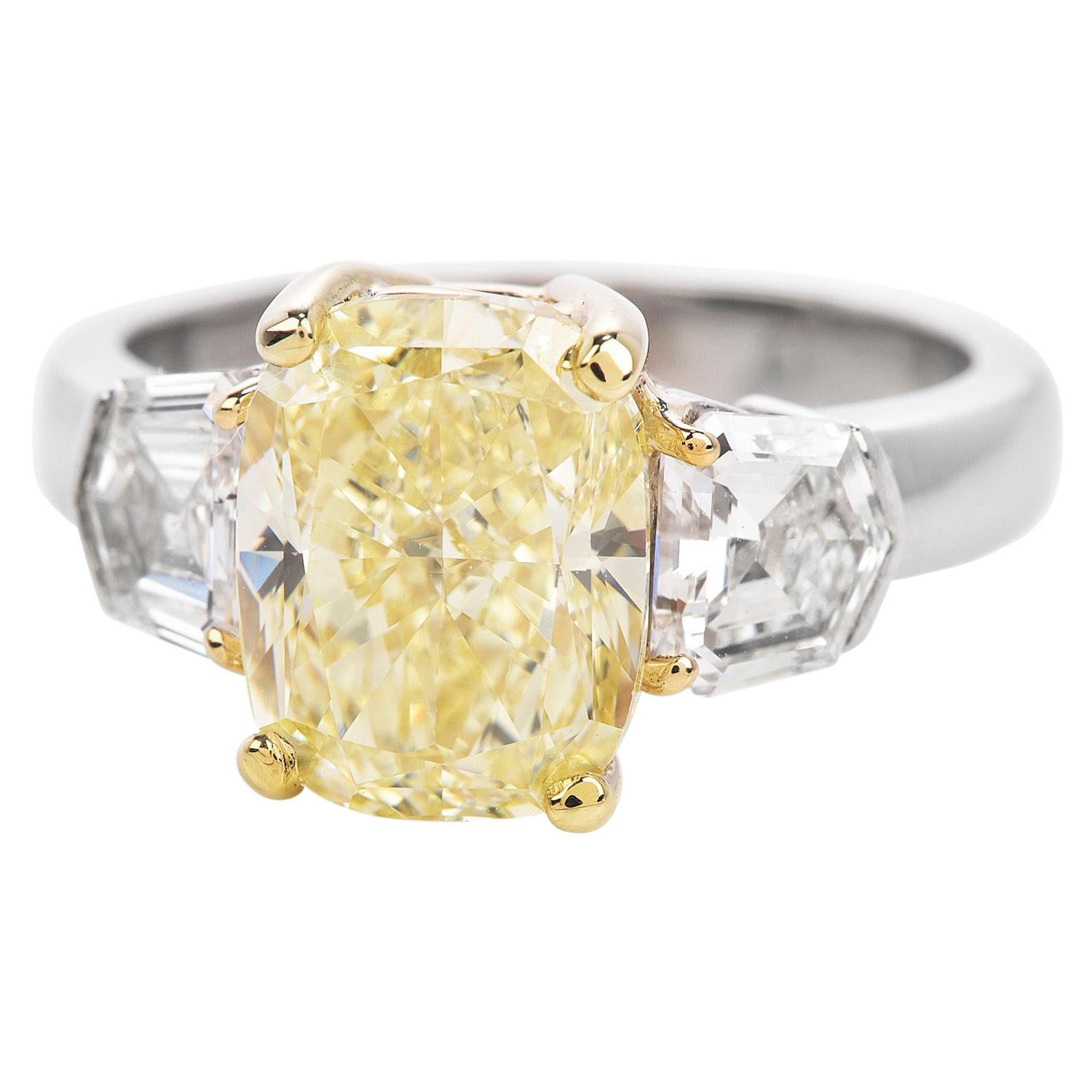 Dover 4.66ct GIA Certified Fancy Light Yellow Three Stone Engagement Ring