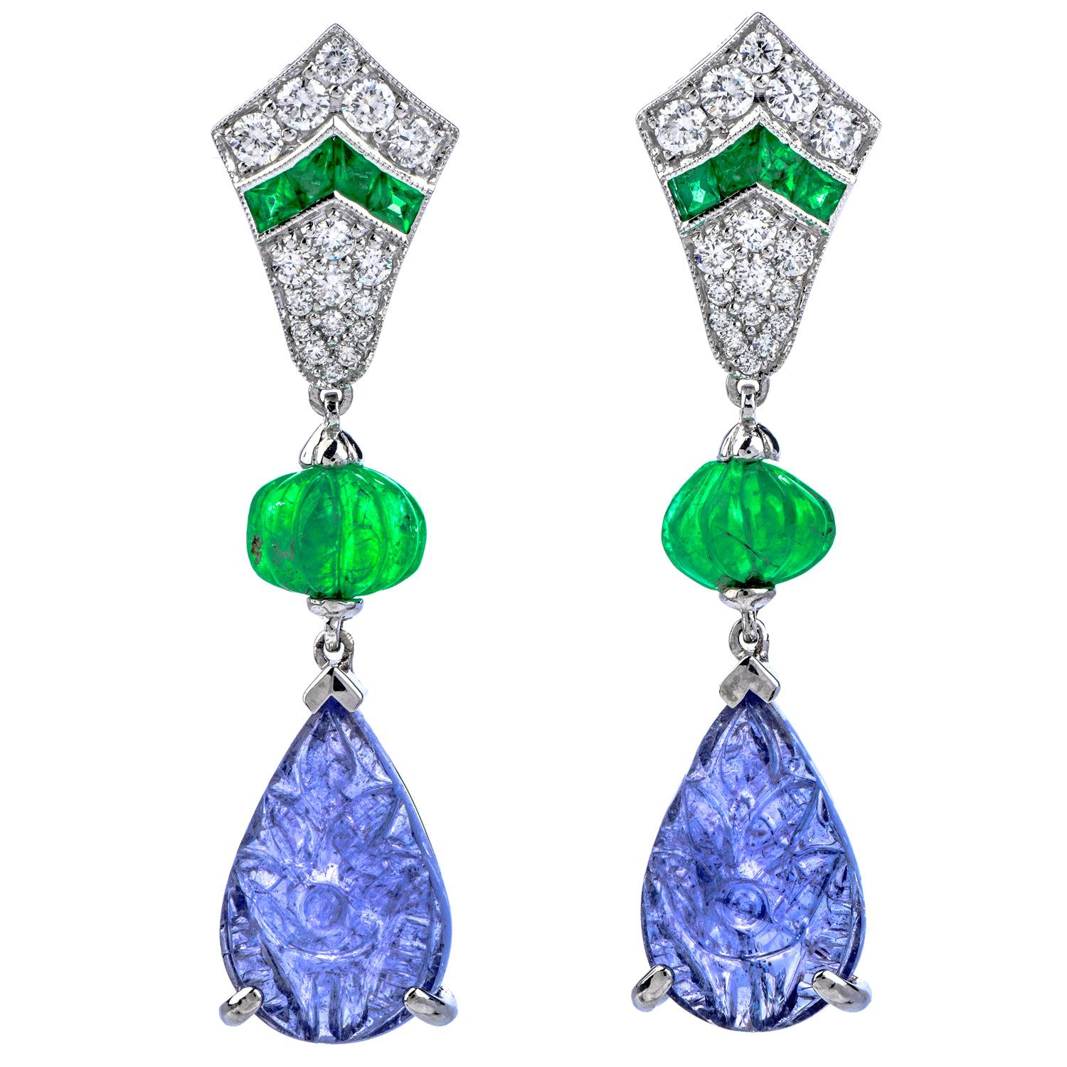 Dover Diamond Carved Emerald and Tanzanite 18 Karat Gold Drop Dangle Earrings