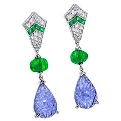 Dover Diamond Carved Emerald and Tanzanite 18 Karat Gold Drop Dangle Earrings