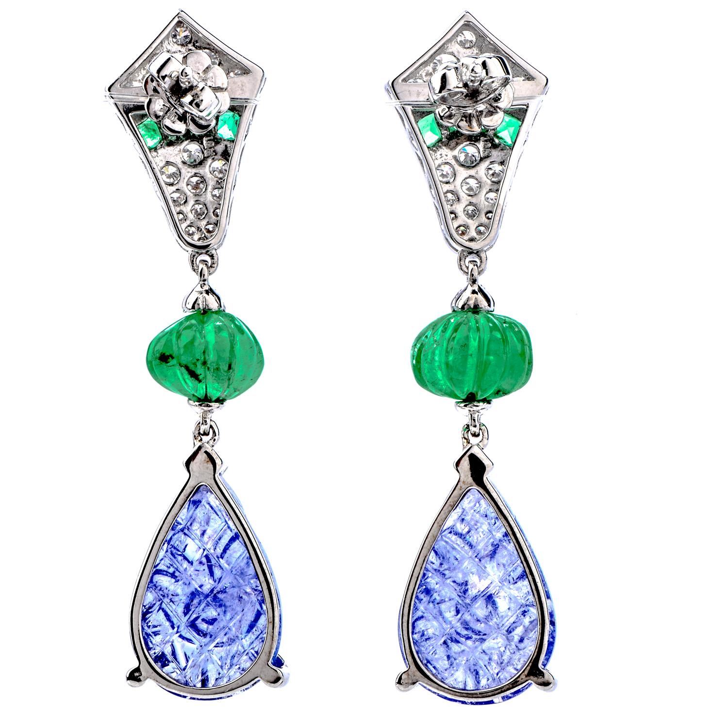 Art Deco Dover Diamond Carved Emerald and Tanzanite 18 Karat Gold Drop Dangle Earrings