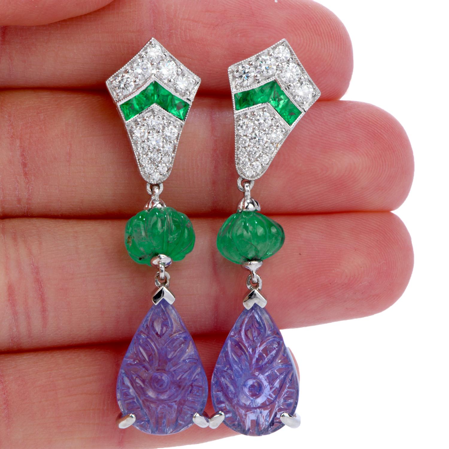 Bead Dover Diamond Carved Emerald and Tanzanite 18 Karat Gold Drop Dangle Earrings