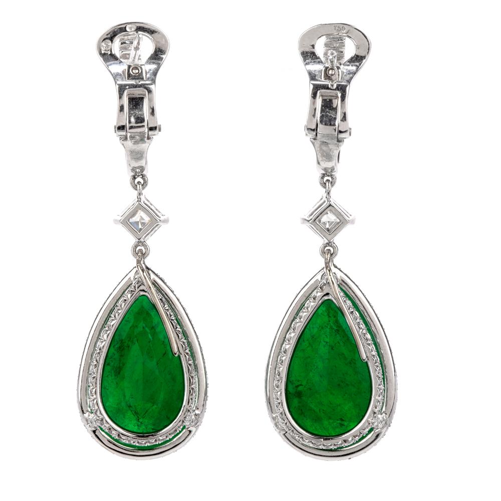 Modern Dover Diamond Certified GIA Colombian Emerald Diamond 18K Gold Drop Earrings For Sale