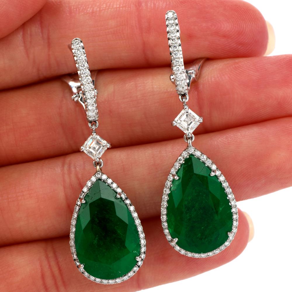 Pear Cut Dover Diamond Certified GIA Colombian Emerald Diamond 18K Gold Drop Earrings For Sale