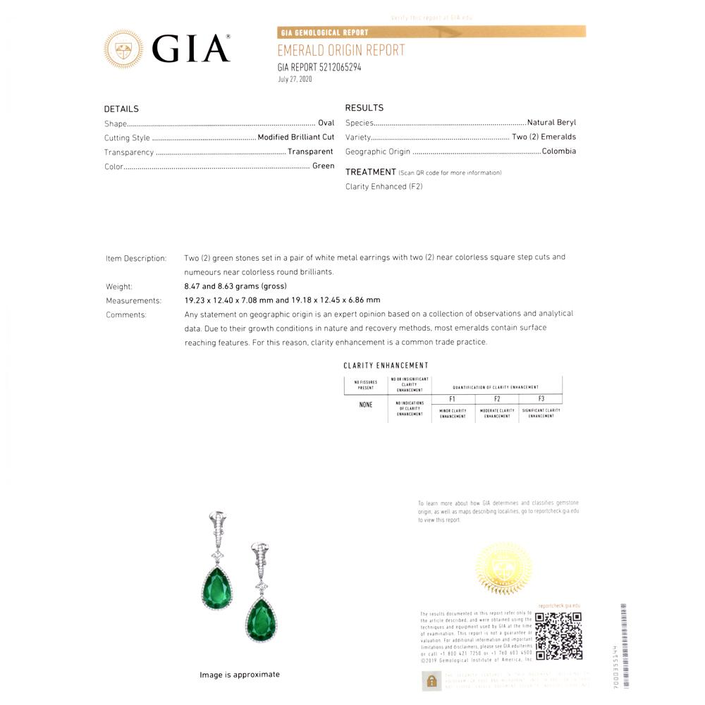 Dover Diamond Certified GIA Colombian Emerald Diamond 18K Gold Drop Earrings In Excellent Condition For Sale In Miami, FL