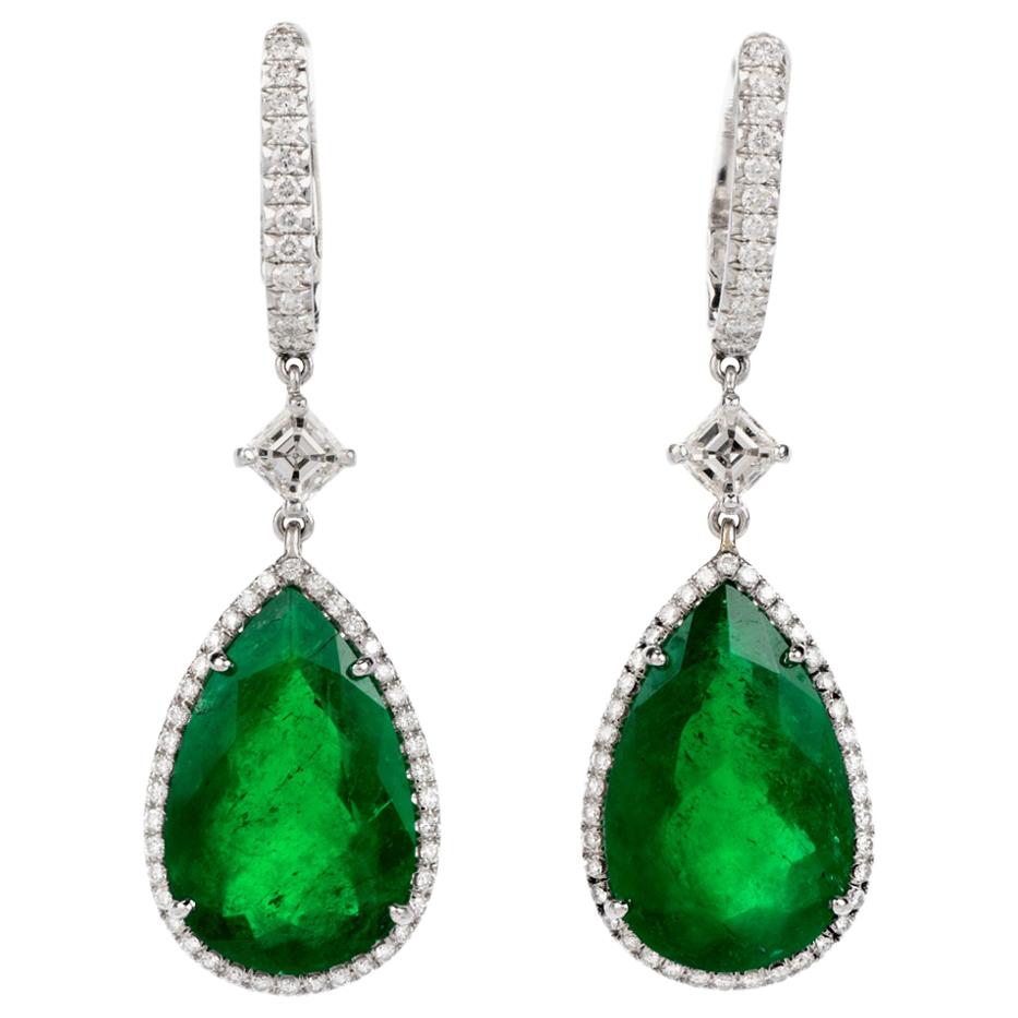 Dover Diamond Certified GIA Colombian Emerald Diamond 18K Gold Drop Earrings